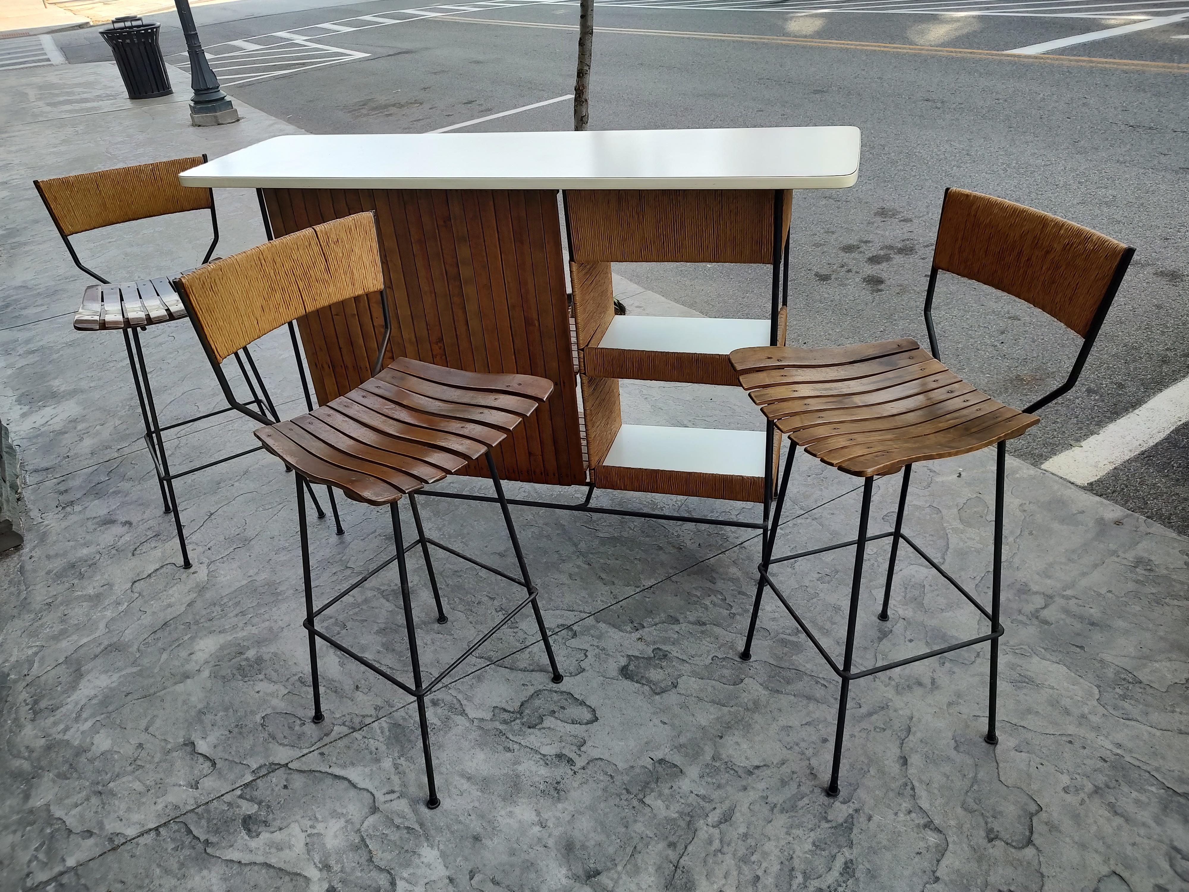 Mid Century Modern Iron Bar with Raffia and 3 Stools by Arthur Umanoff  For Sale 11