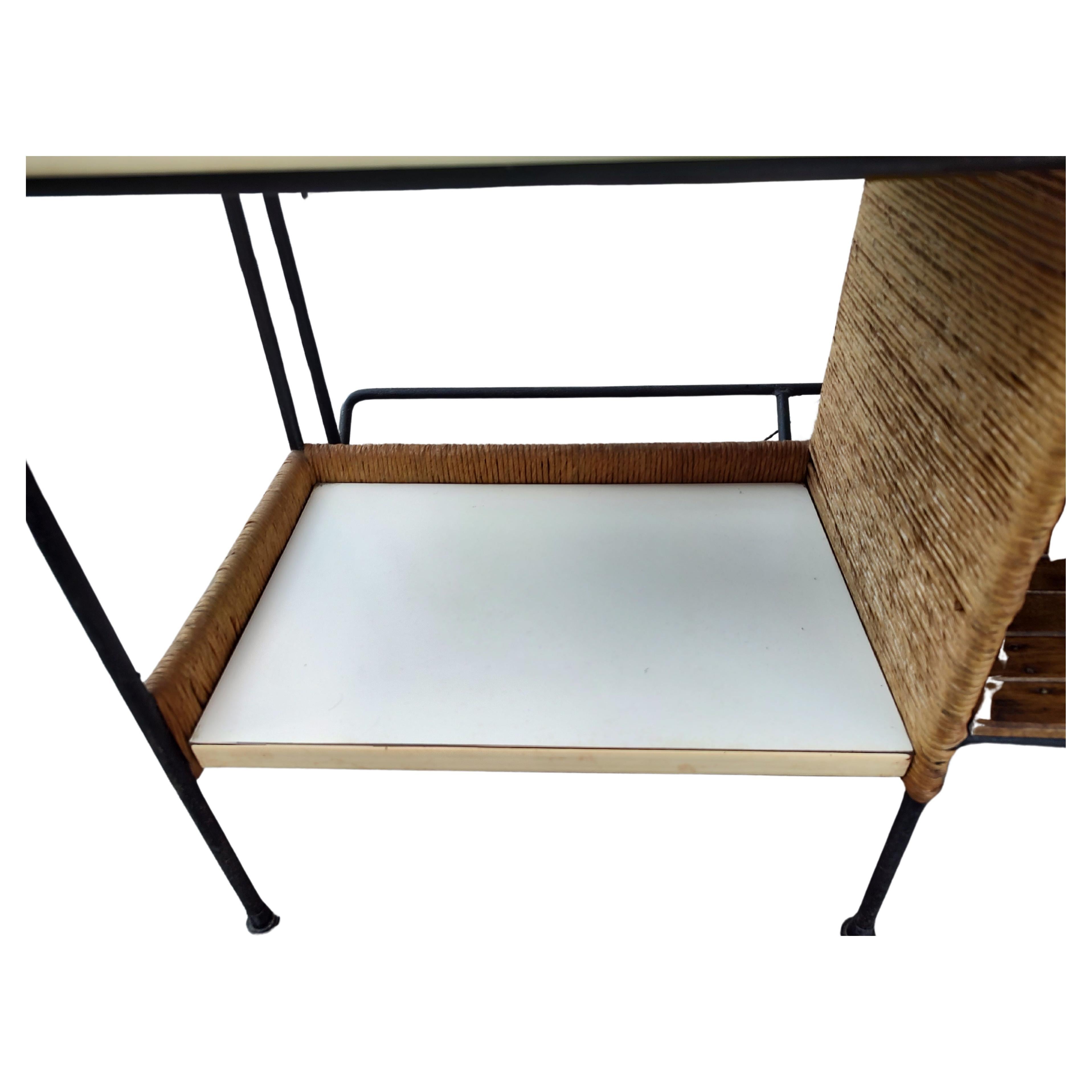 Mid-Century Modern Mid Century Modern Iron Bar with Raffia and 3 Stools by Arthur Umanoff For Sale