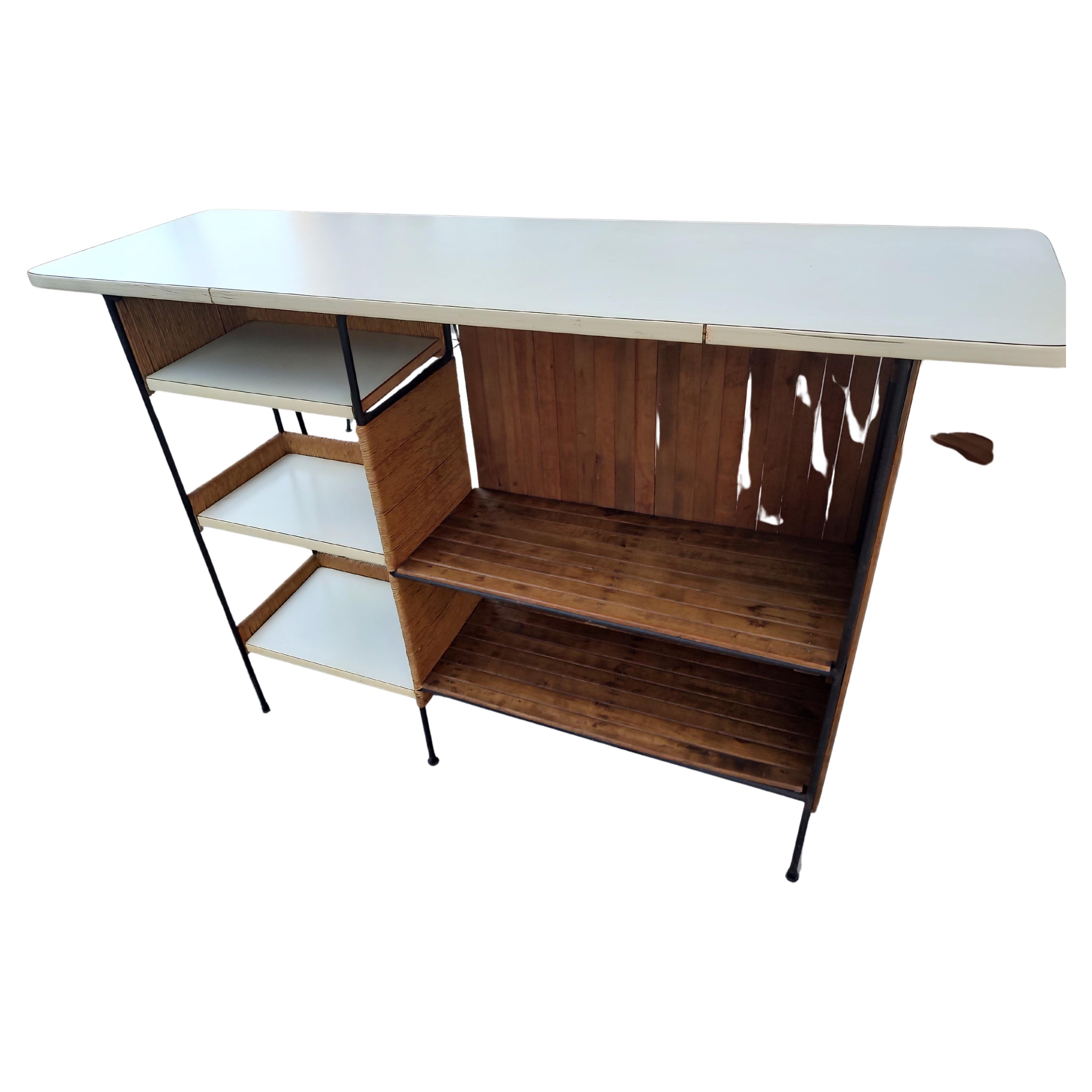 American Mid Century Modern Iron Bar with Raffia and 3 Stools by Arthur Umanoff For Sale