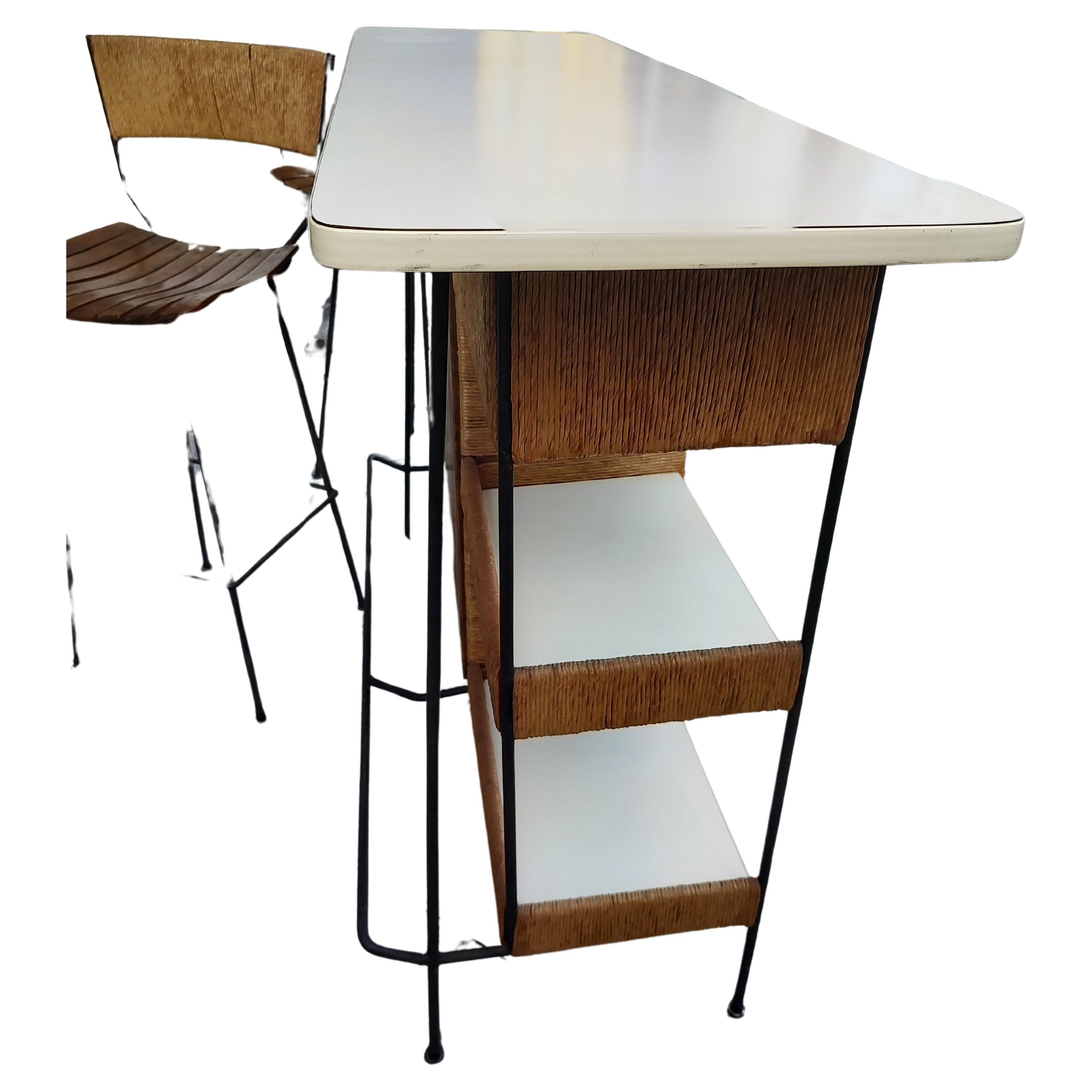 Mid-20th Century Mid Century Modern Iron Bar with Raffia and 3 Stools by Arthur Umanoff For Sale