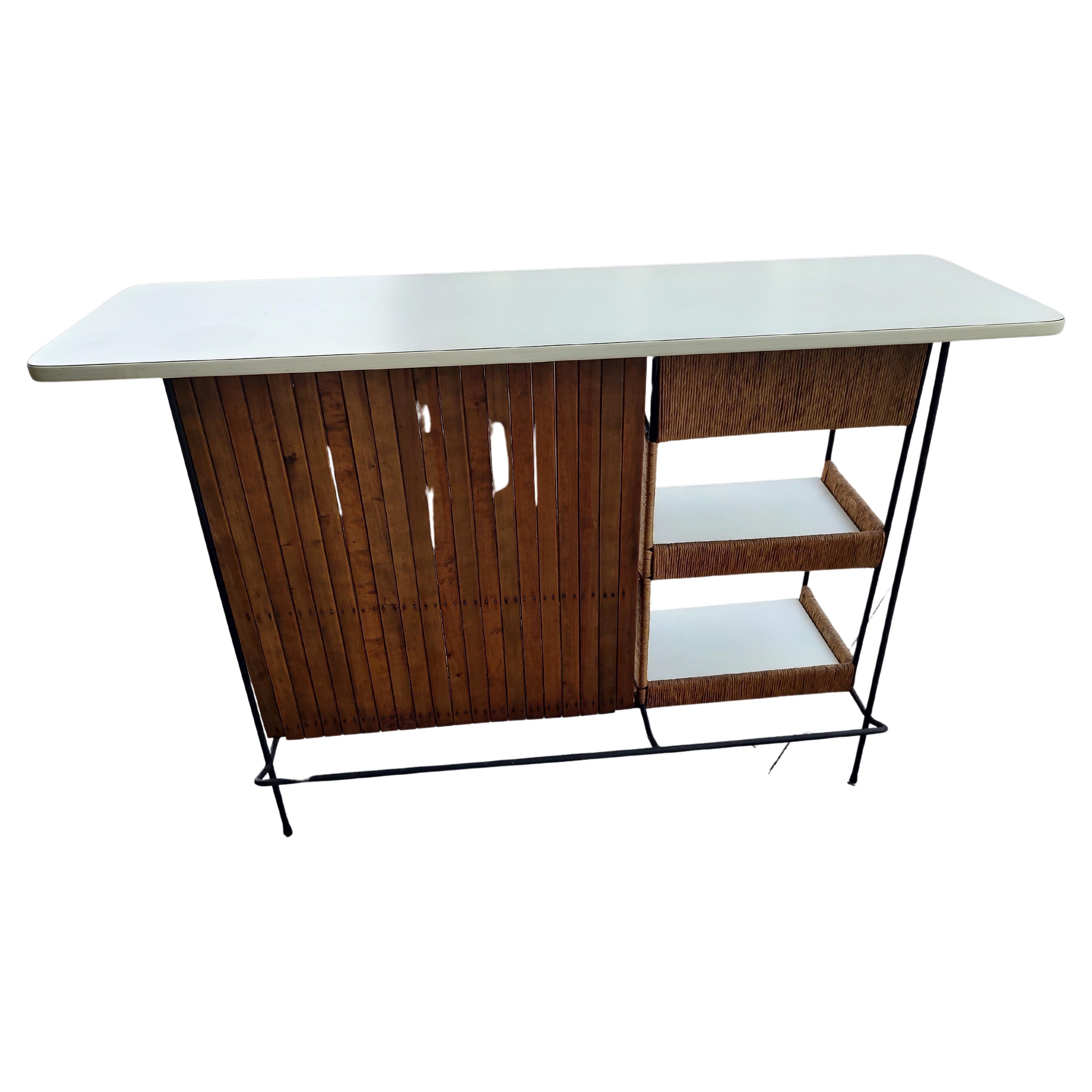 Mid Century Modern Iron Bar with Raffia and 3 Stools by Arthur Umanoff For Sale 1