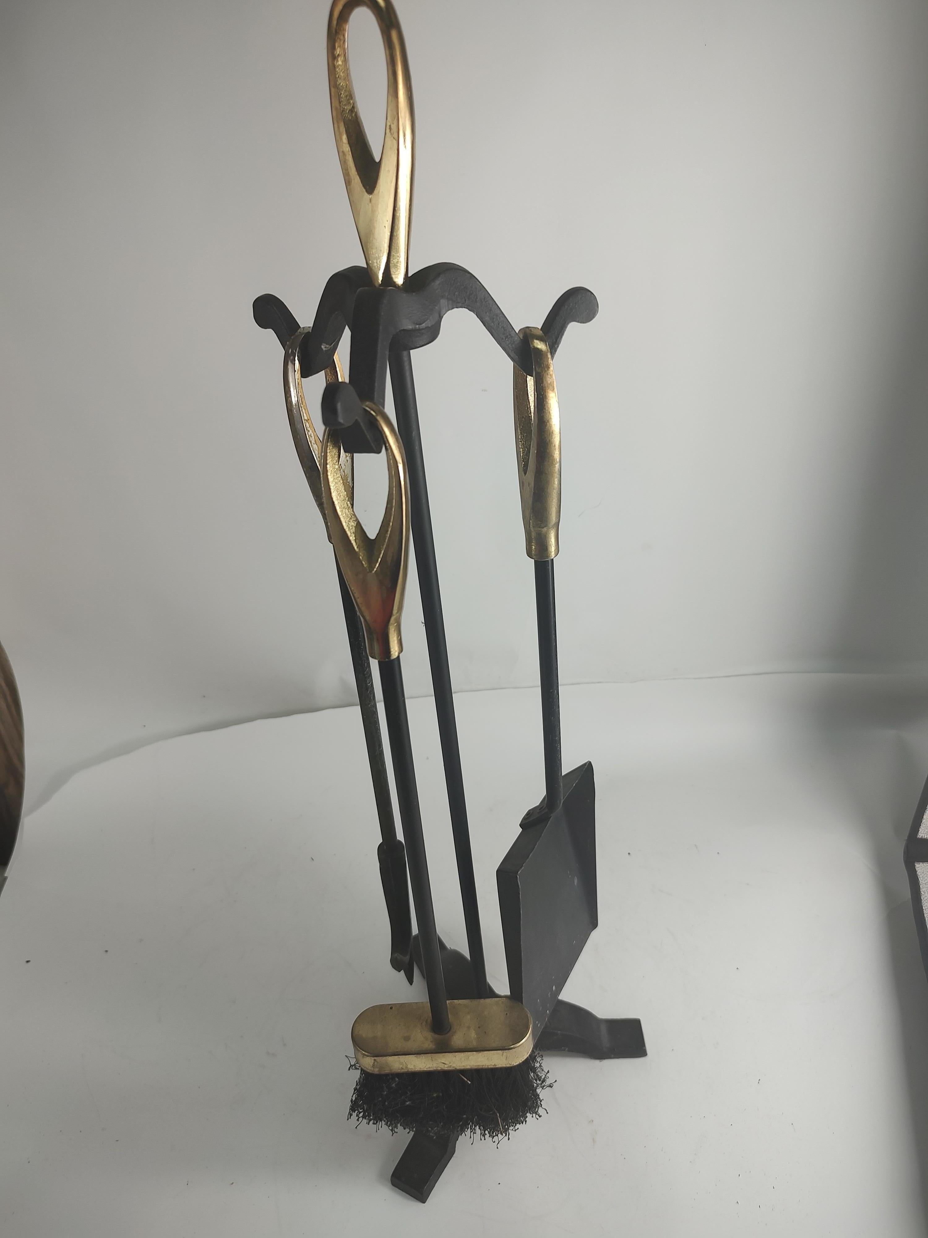 Mid Century Modern Iron & Brass Petite 4 piece Set of Fireplace Tools  For Sale 1