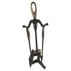 Mid Century Modern Iron & Brass Petite 4 piece Set of Fireplace Tools
