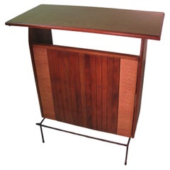 Mid-Century Modern Iron & Raffia with Slatted Wood Panels Dry Bar Arthur Umanoff