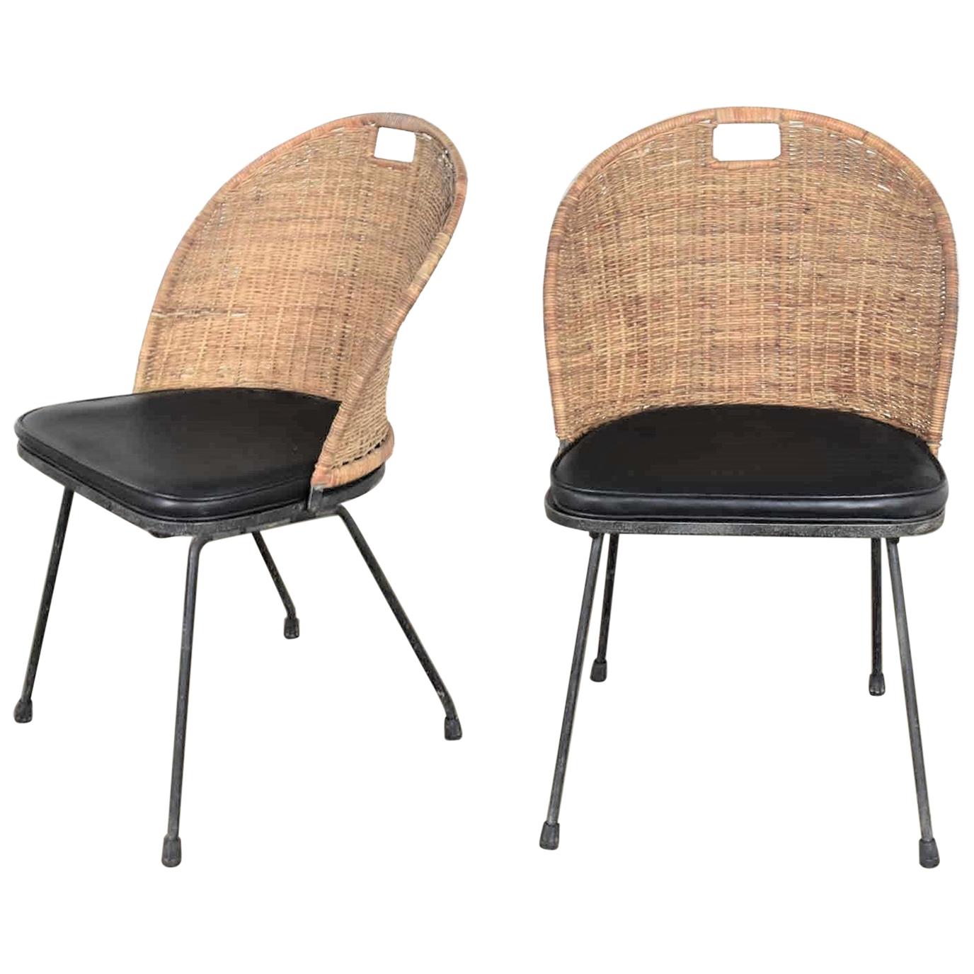 Mid-Century Modern Iron and Wicker Pair Neva-Rust Chairs Tempestini & Salterini
