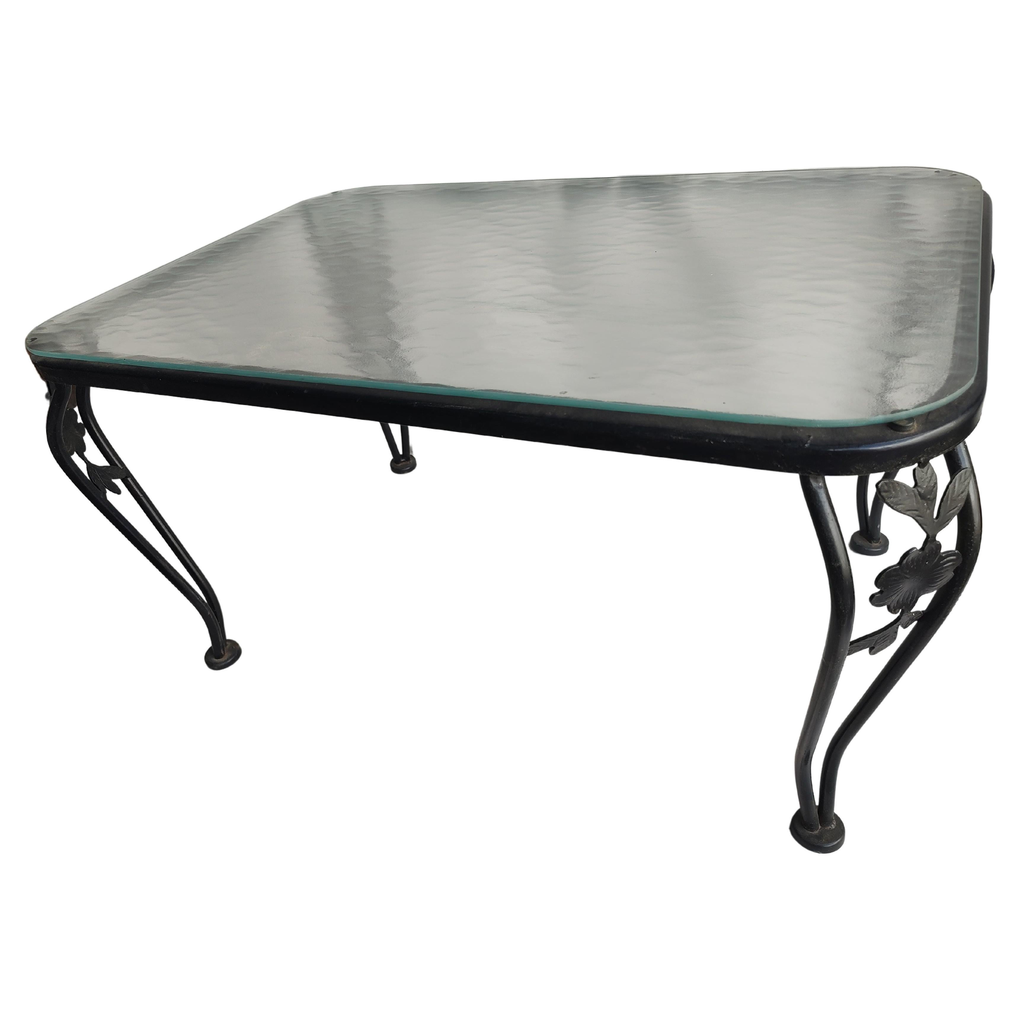 Cast Mid-Century Modern Iron with Textured Glass Outdoor Cocktail Table For Sale