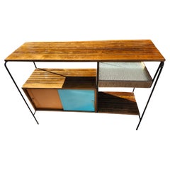 Mid Century Modern Iron Wood Raffia & Glass Console Server Table Arthur Umanoff