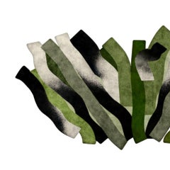 Mid-Century Modern Irregular Shaped Green Rug with Hand-Tufted Black Details