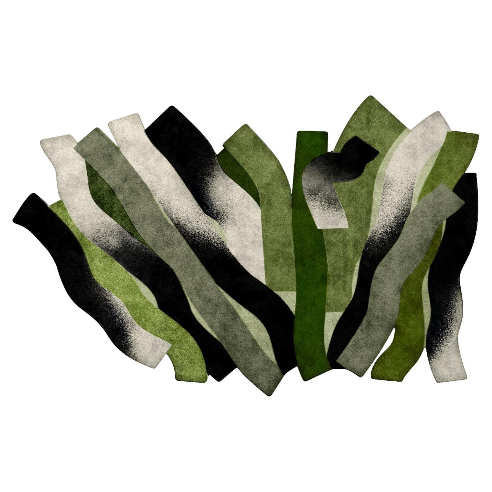 Mid-Century Modern Irregular Shaped Green Rug with Hand-Tufted Black Details