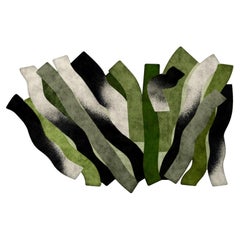 Mid-Century Modern Irregular Shaped Green Rug with Hand-Tufted Black Details