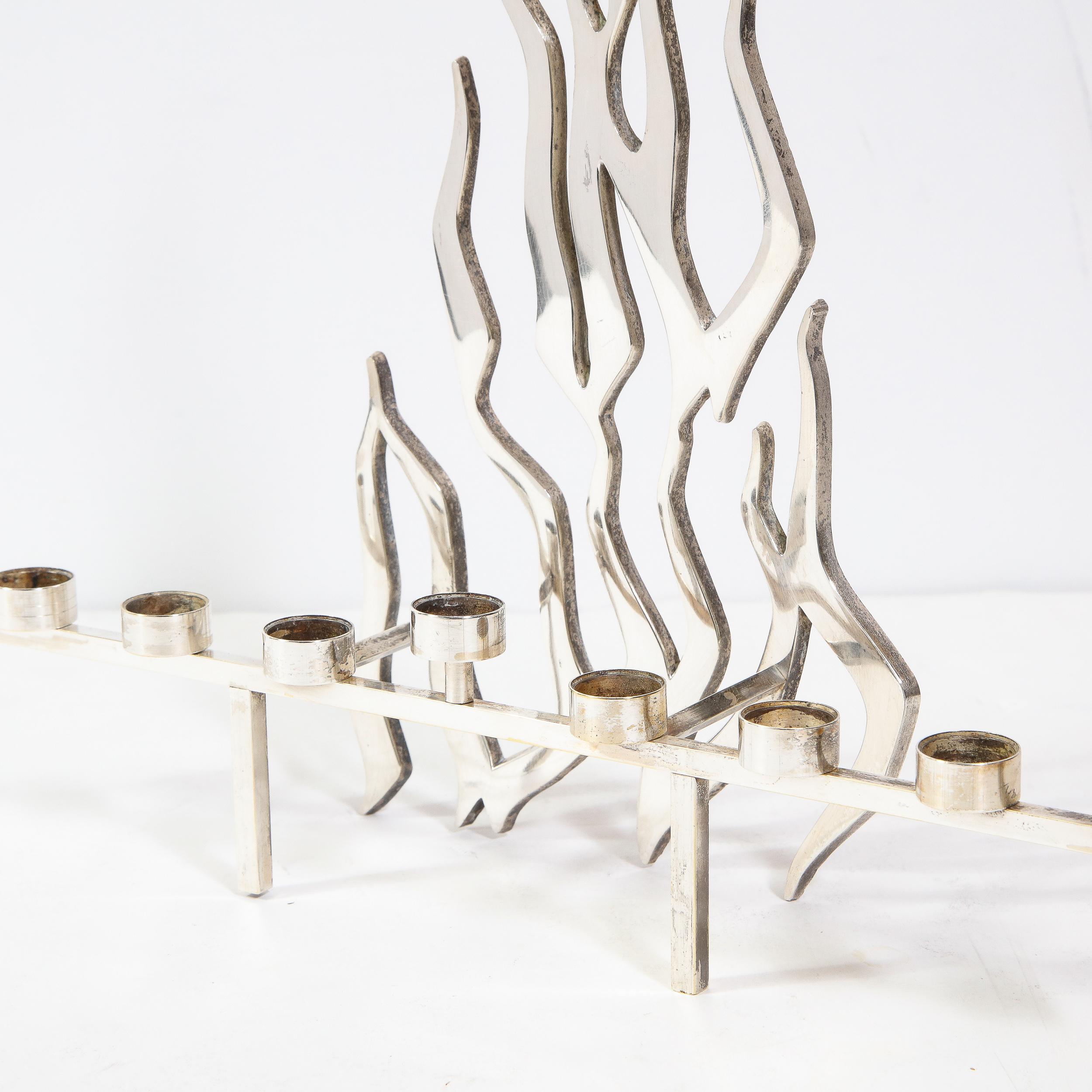 Late 20th Century Mid-Century Modern Israeli Brutalist Stylized Flame Silver Plate Menorah