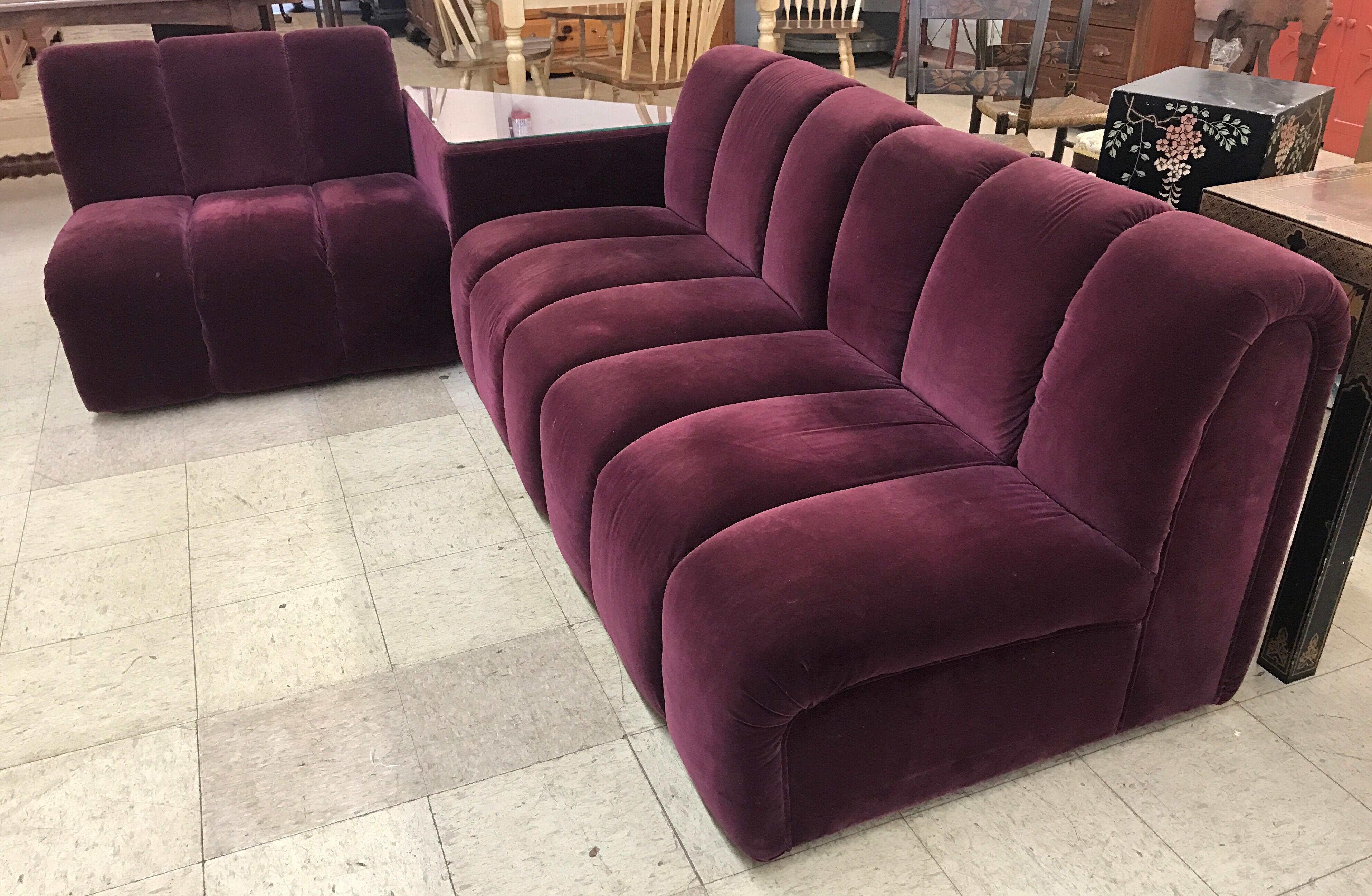 Mid-Century Modern Italia Italy Burgundy Velvet Modular Channel Sofa Sectional 2