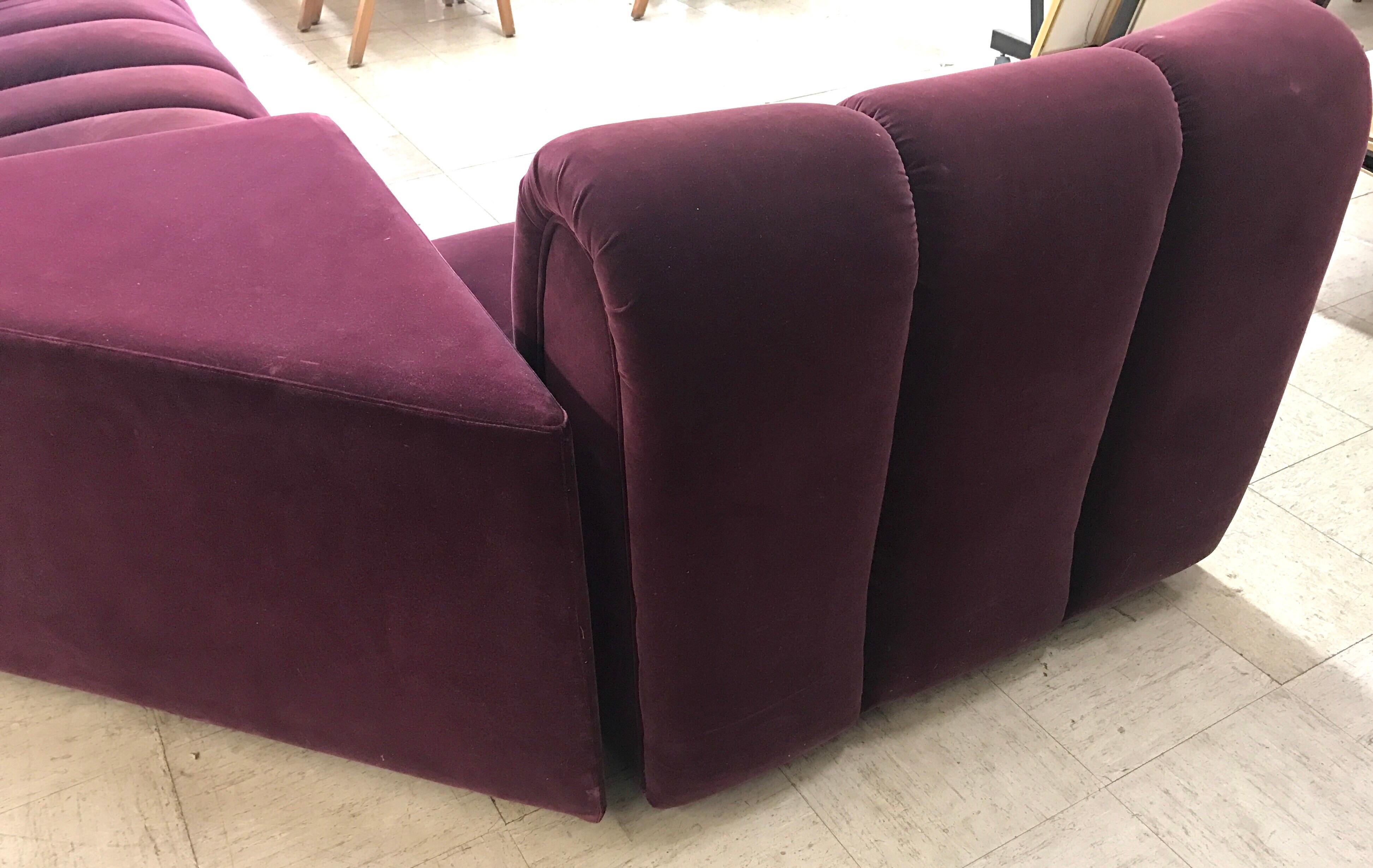 Mid-Century Modern Italia Italy Burgundy Velvet Modular Channel Sofa Sectional 5