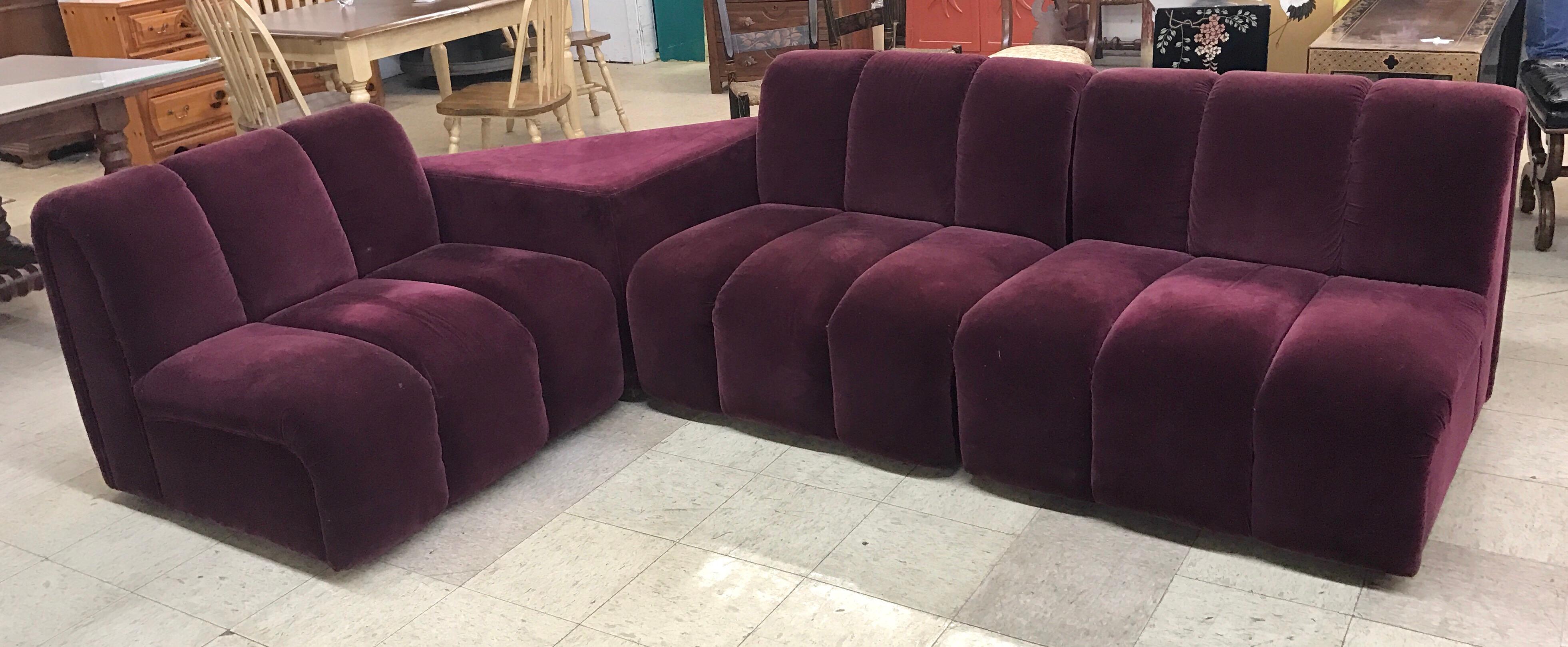 Mid-Century Modern Italia Italy Burgundy Velvet Modular Channel Sofa Sectional 6