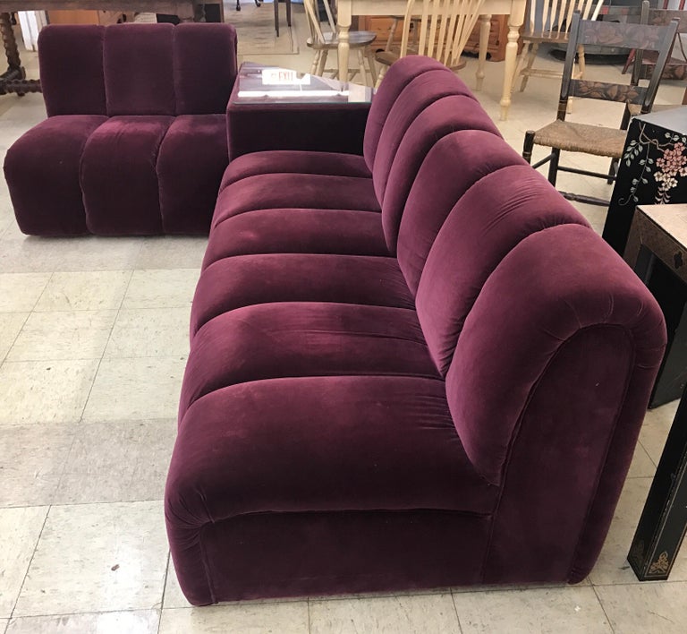 Mid-Century Modern Italia Italy Burgundy Velvet Modular Channel Sofa