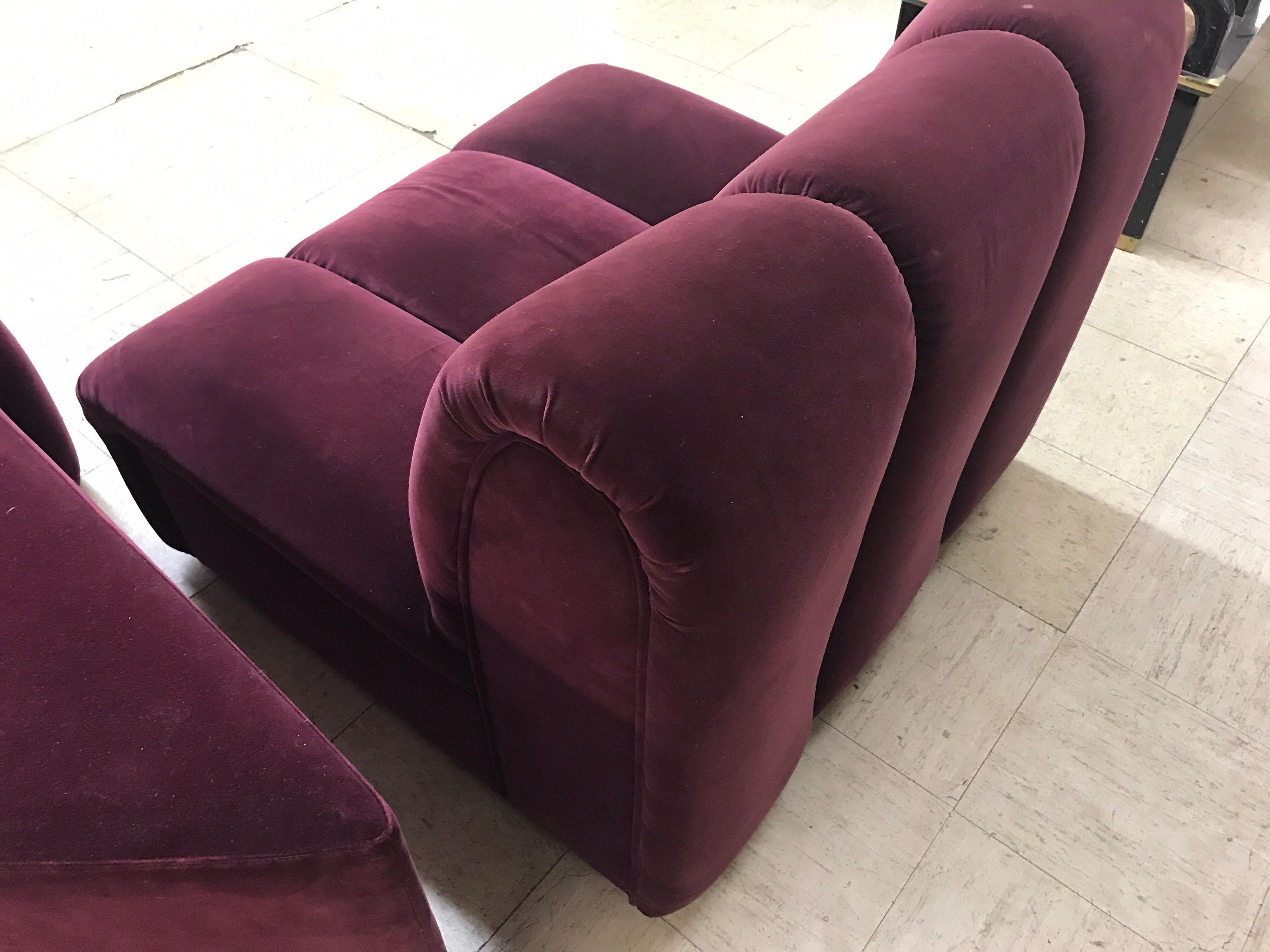 Italian Mid-Century Modern Italia Italy Burgundy Velvet Modular Channel Sofa Sectional