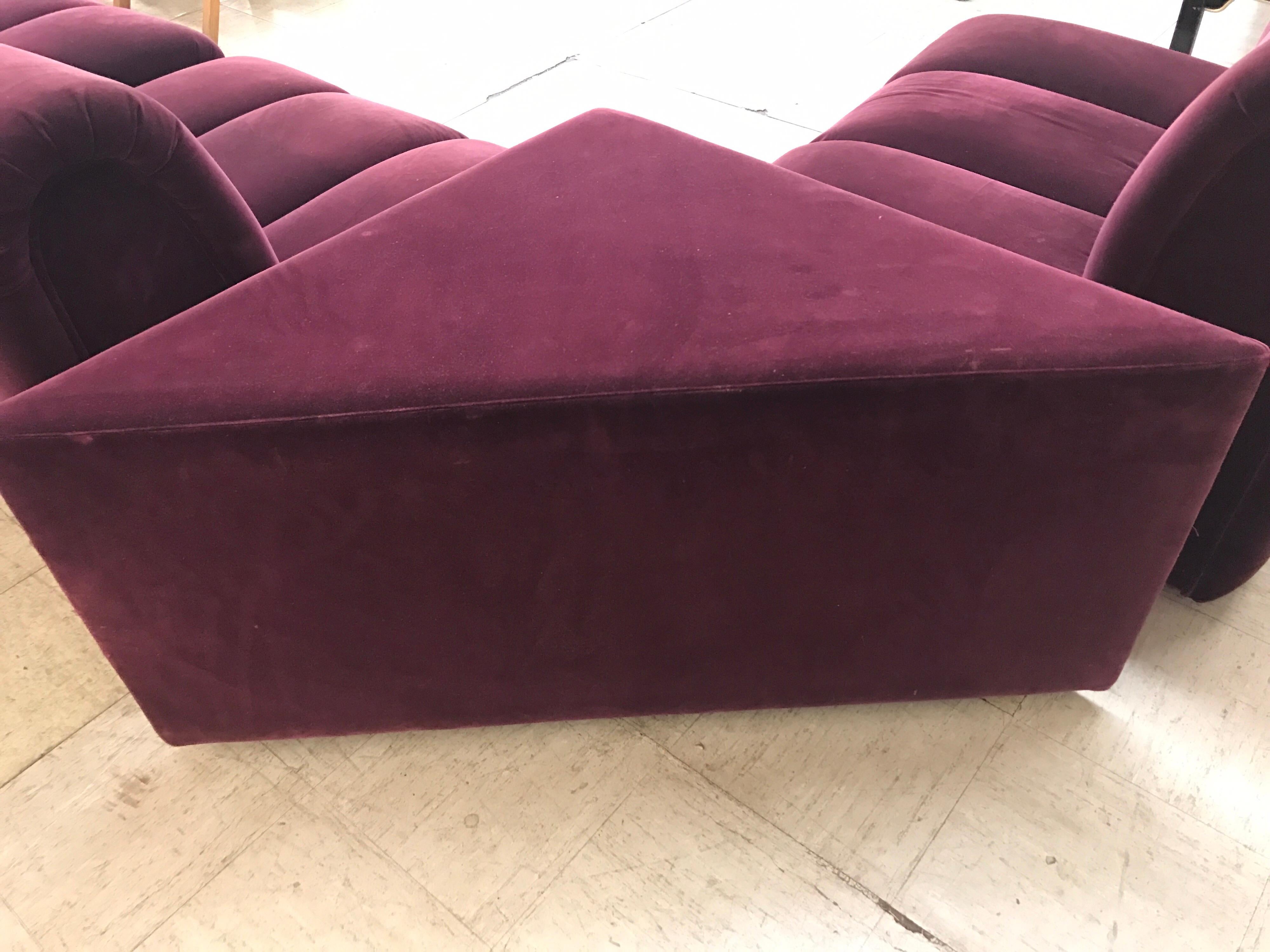 Mid-Century Modern Italia Italy Burgundy Velvet Modular Channel Sofa Sectional In Good Condition In West Hartford, CT