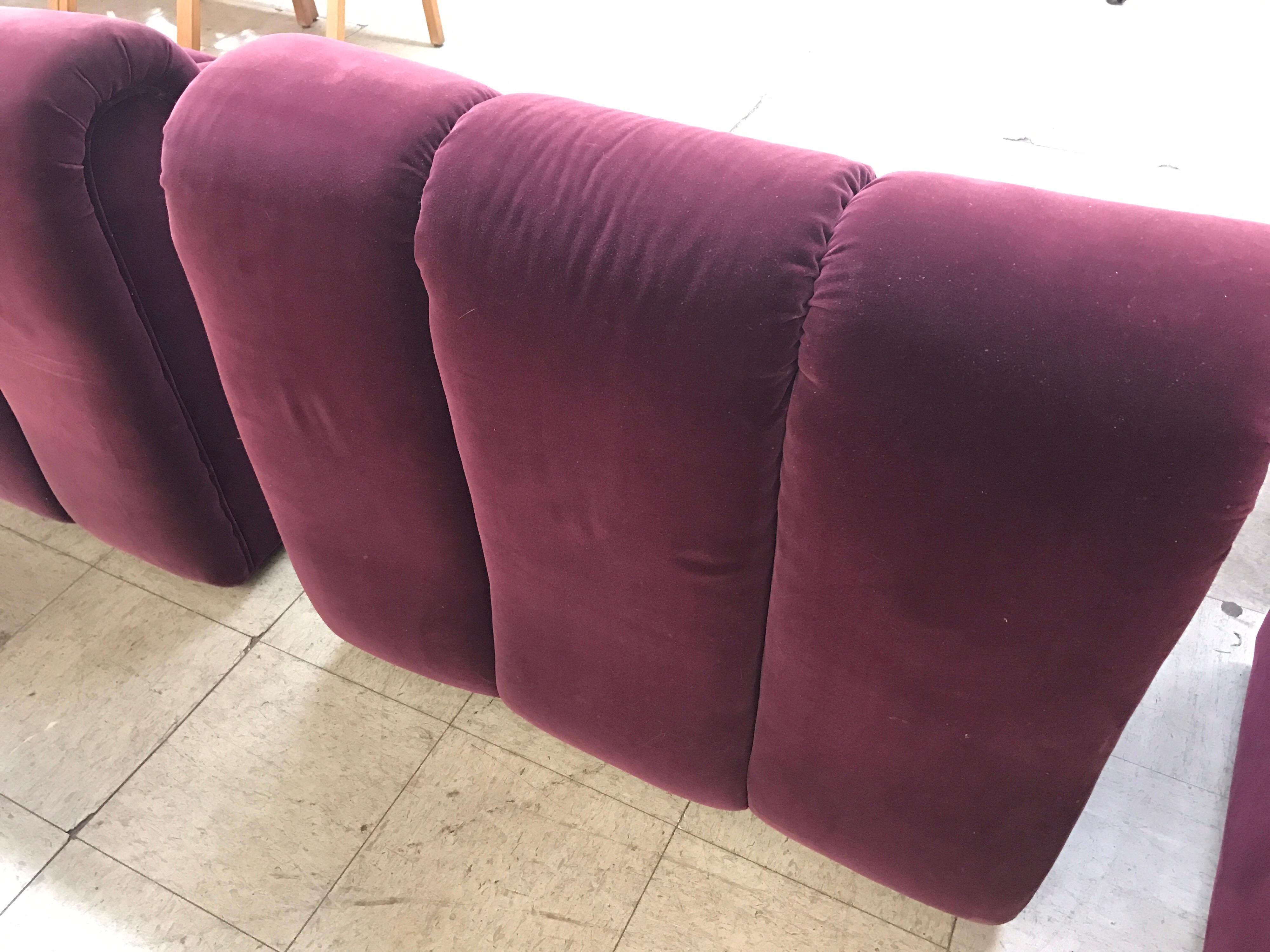 Late 20th Century Mid-Century Modern Italia Italy Burgundy Velvet Modular Channel Sofa Sectional