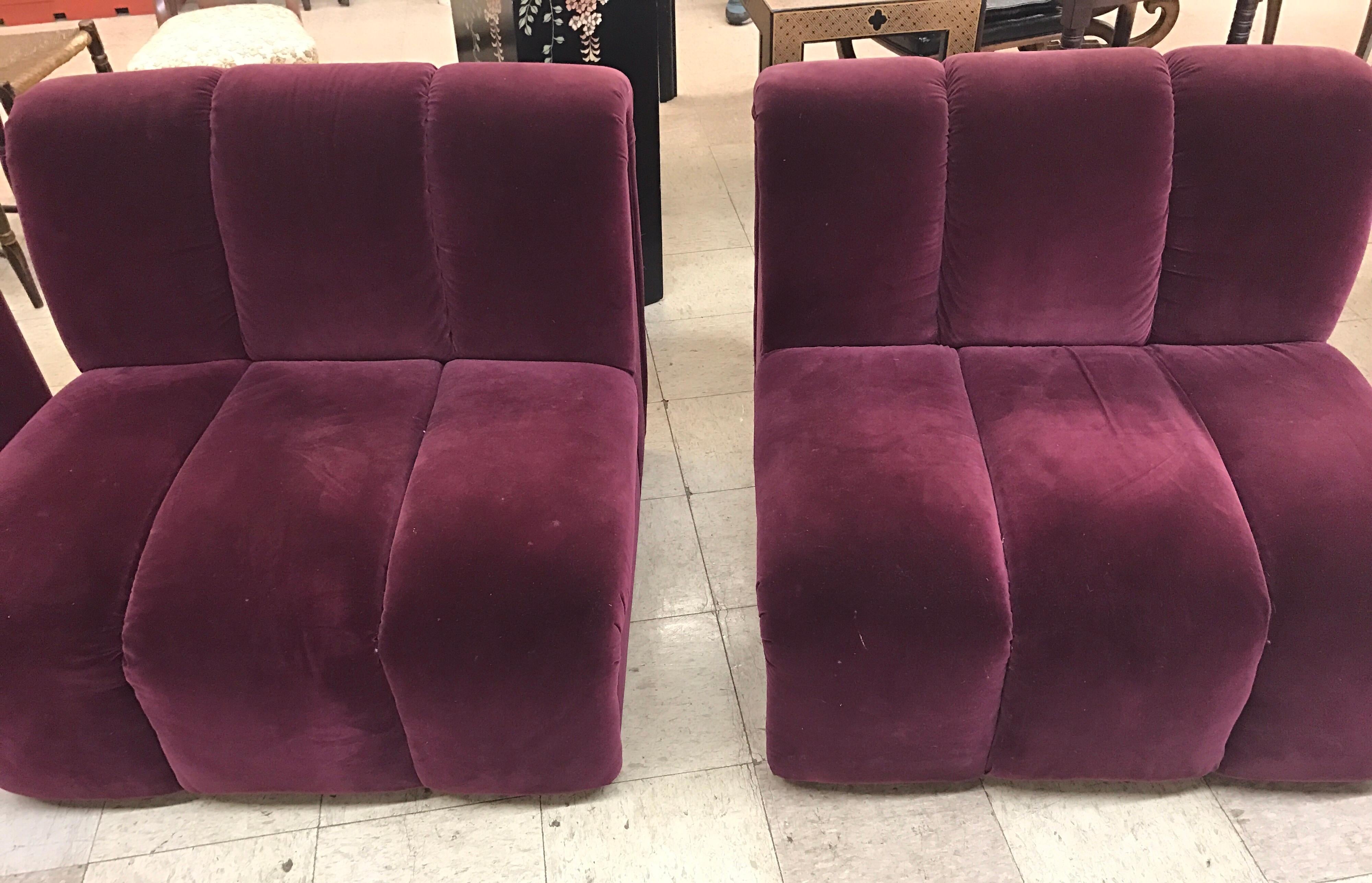 Mid-Century Modern Italia Italy Burgundy Velvet Modular Channel Sofa Sectional 1