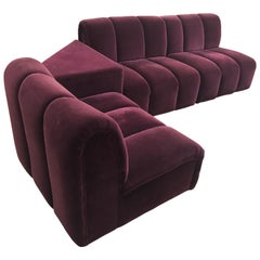 Mid-Century Modern Italia Italy Burgundy Velvet Modular Channel Sofa Sectional