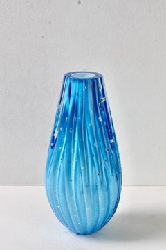 Mid-Century Modern Italian 13" Tall Blue Murano Bullicante Glass Vase