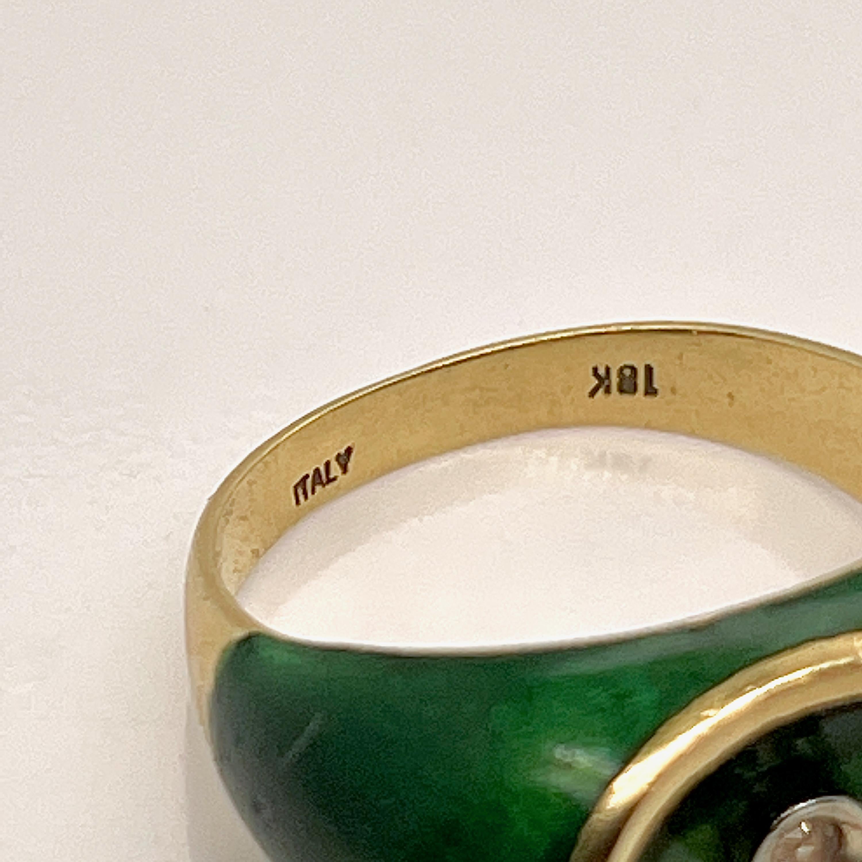 Mid-Century Modern Italian 18K Gold & Green Enamel Modernist Signet Ring For Sale 2