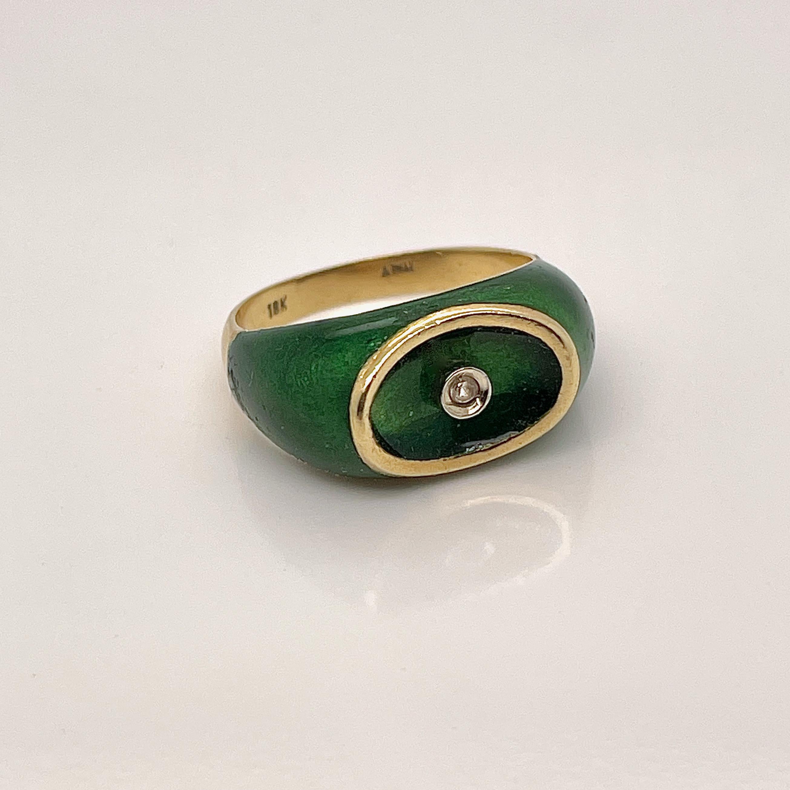 Round Cut Mid-Century Modern Italian 18K Gold & Green Enamel Modernist Signet Ring For Sale