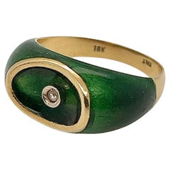 Mid-Century Modern Italian 18K Gold & Green Enamel Modernist Signet Ring
