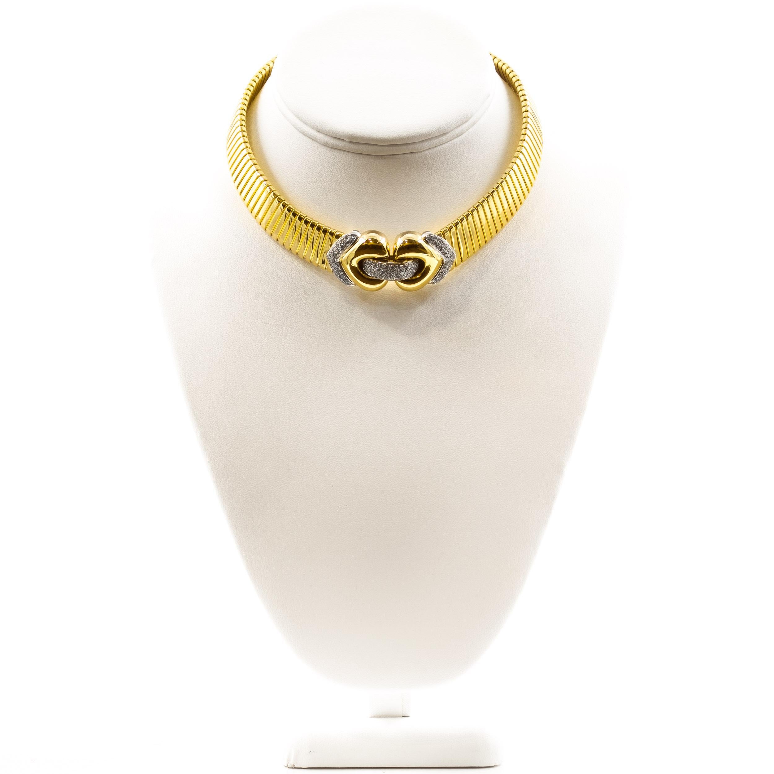 Mid-Century Modern Italian 18k Gold Tubogas Choker Necklace with 78 Diamonds	 In Good Condition In Shippensburg, PA