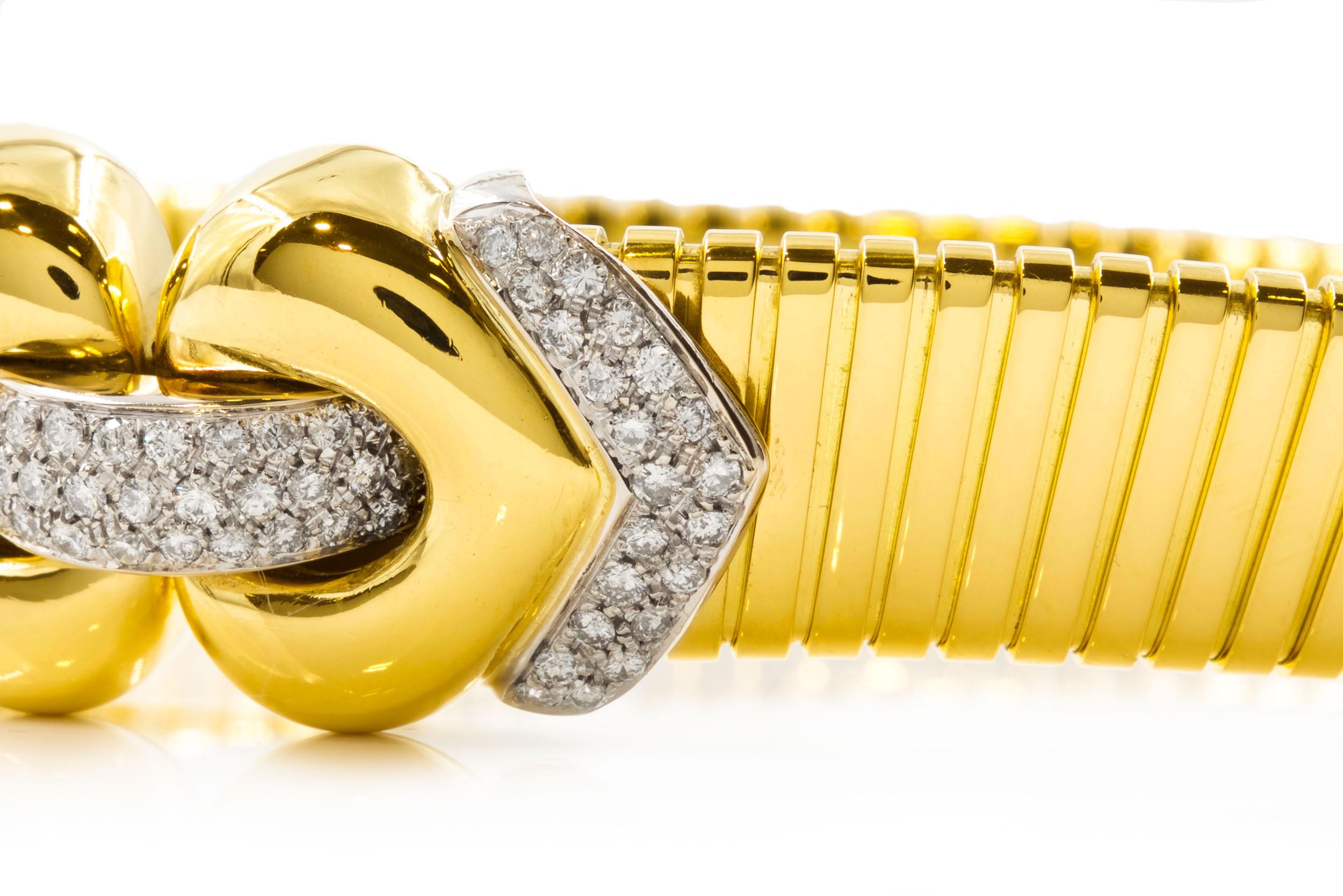 20th Century Mid-Century Modern Italian 18k Gold Tubogas Choker Necklace with 78 Diamonds	