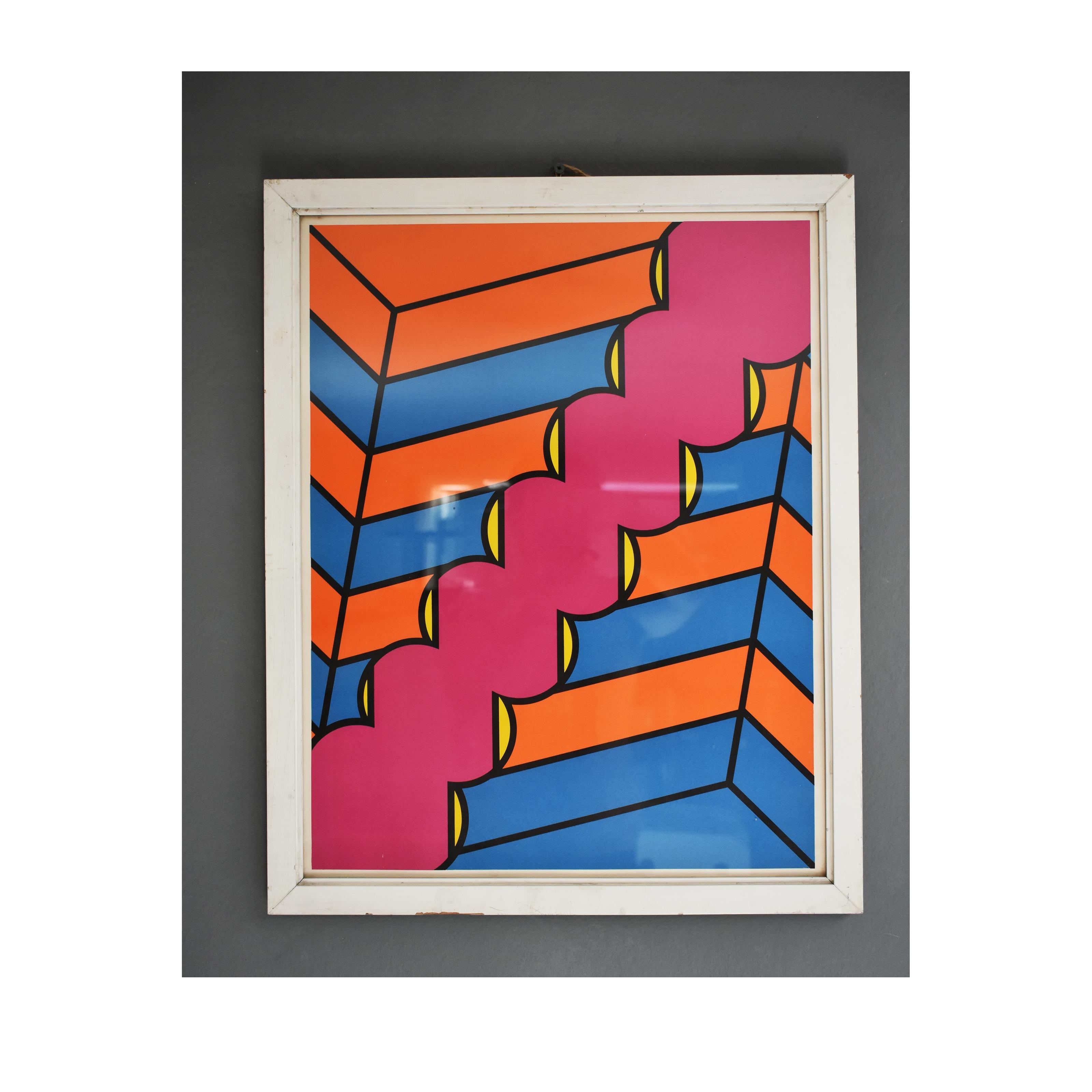Vintage print dating back to the seventies, Italian production.
The print has a geometric design made with bright colors.
The frame is in white wood, the print is protected by a transparent glass.
Good conditions
Measures
H60cm x 48cm
Mixed