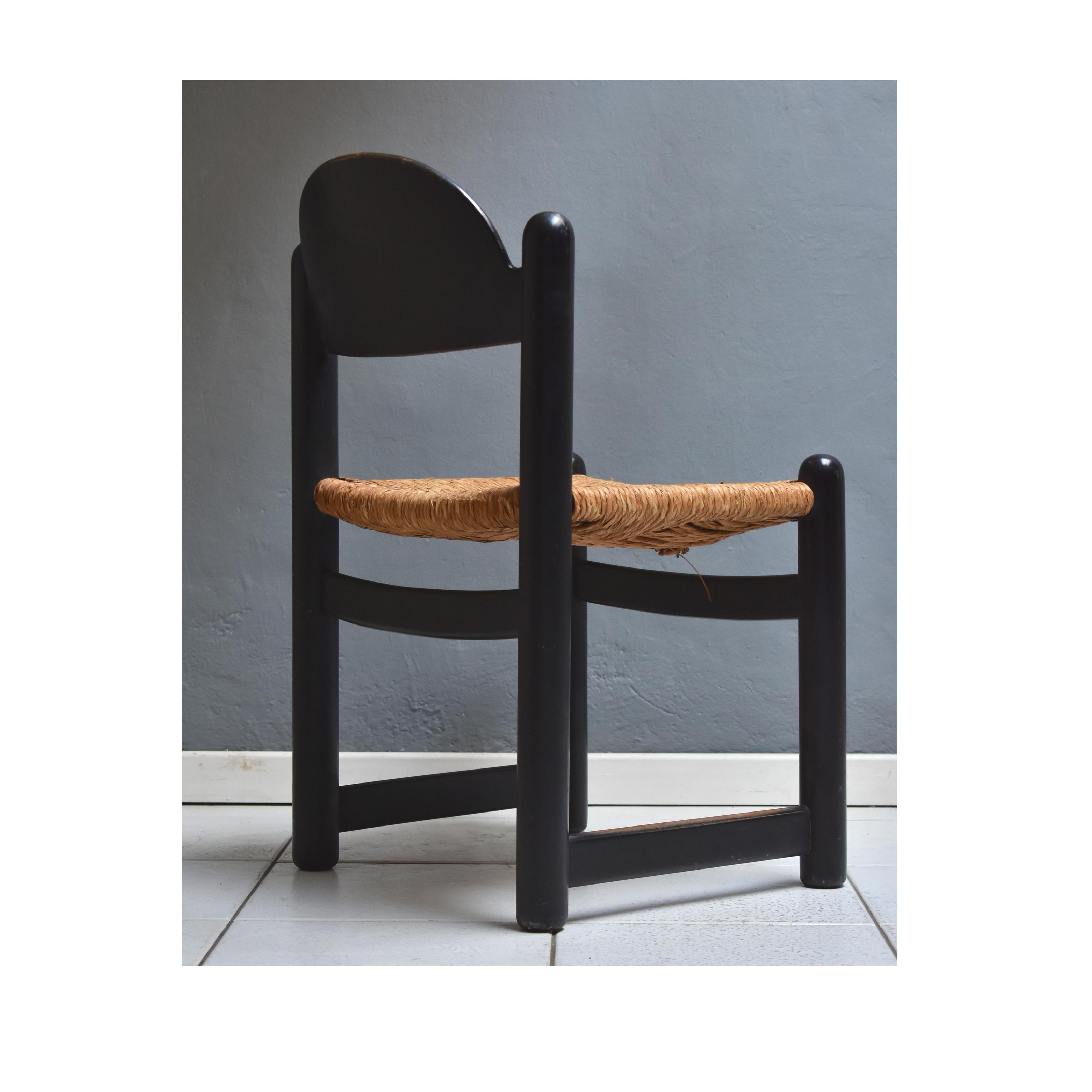 Wicker Mid-Century modern italian 1970set of 4 dining chairs black wood and wicker seat