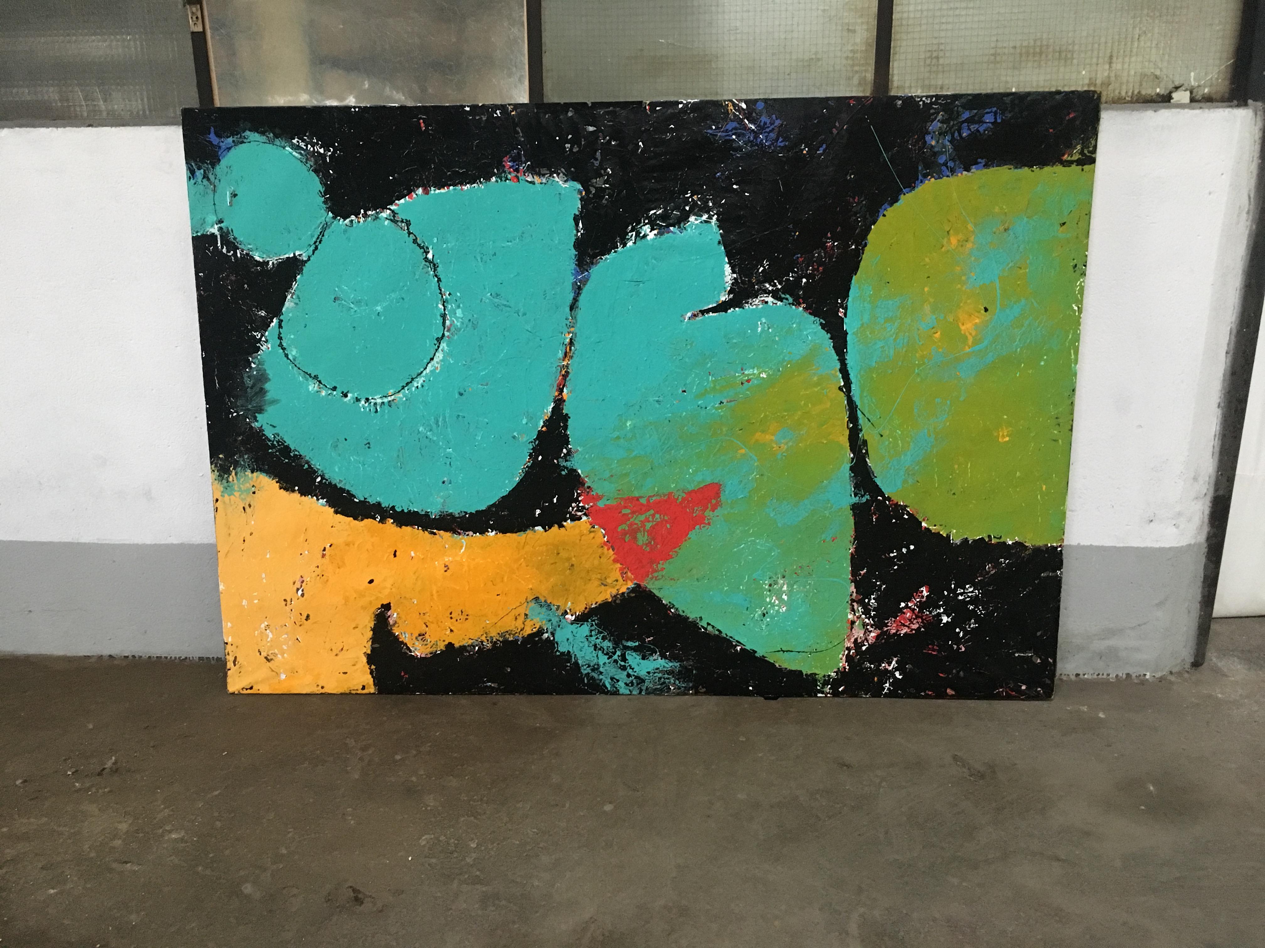 Mid-Century Modern Italian abstract painting on paper with wooden structure from 1970
The paper of the paint shows little signs of wear consistent with age and use as it is visible from the photos.
 