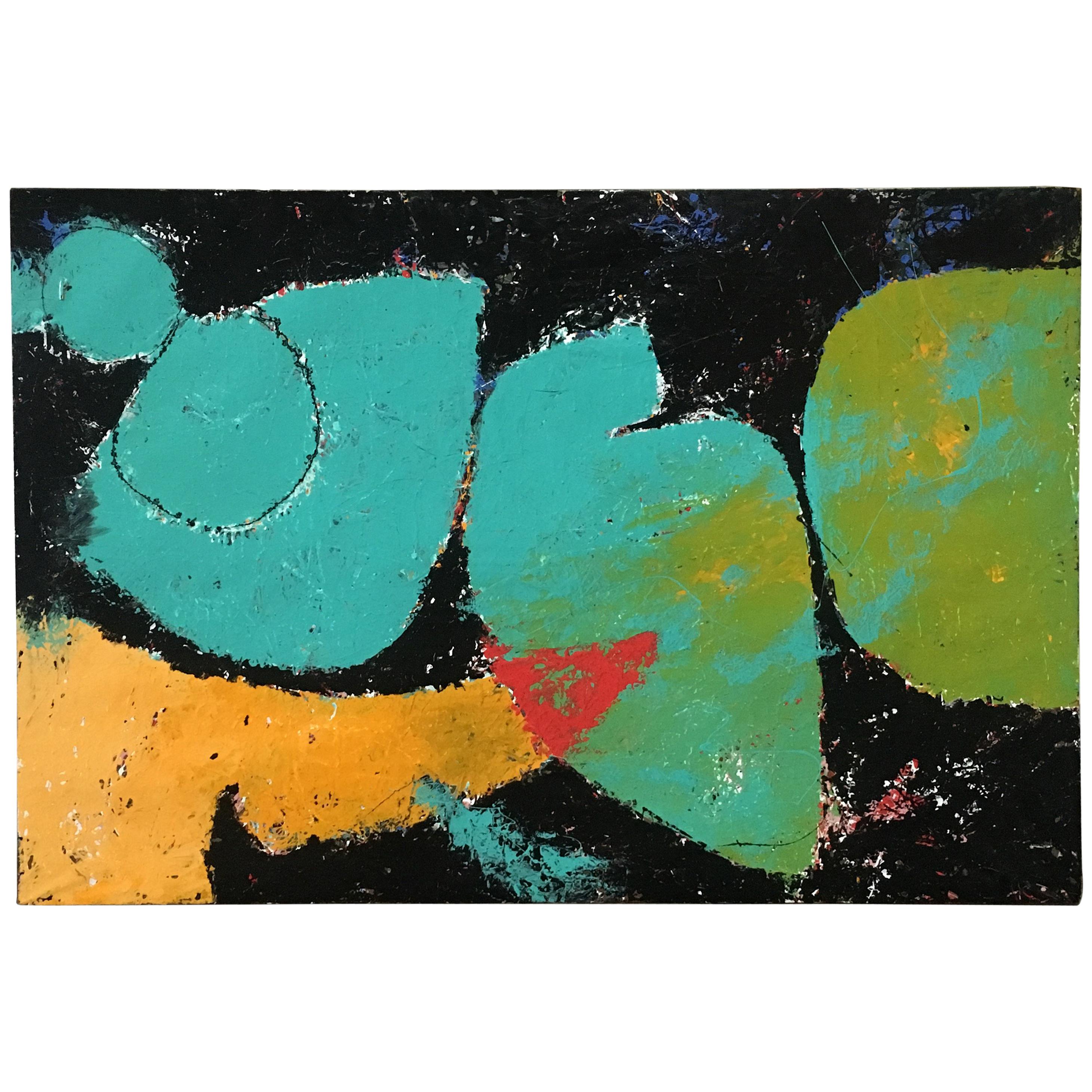 Mid-Century Modern Italian Abstract Painting on Paper with Wooden Structure