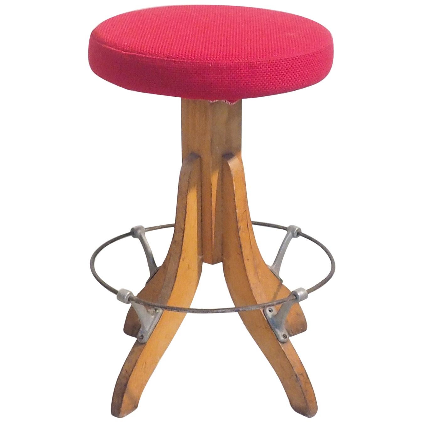 Mid-Century Modern Italian Adjustable Stool Tripode Wood Base with Red Round Top