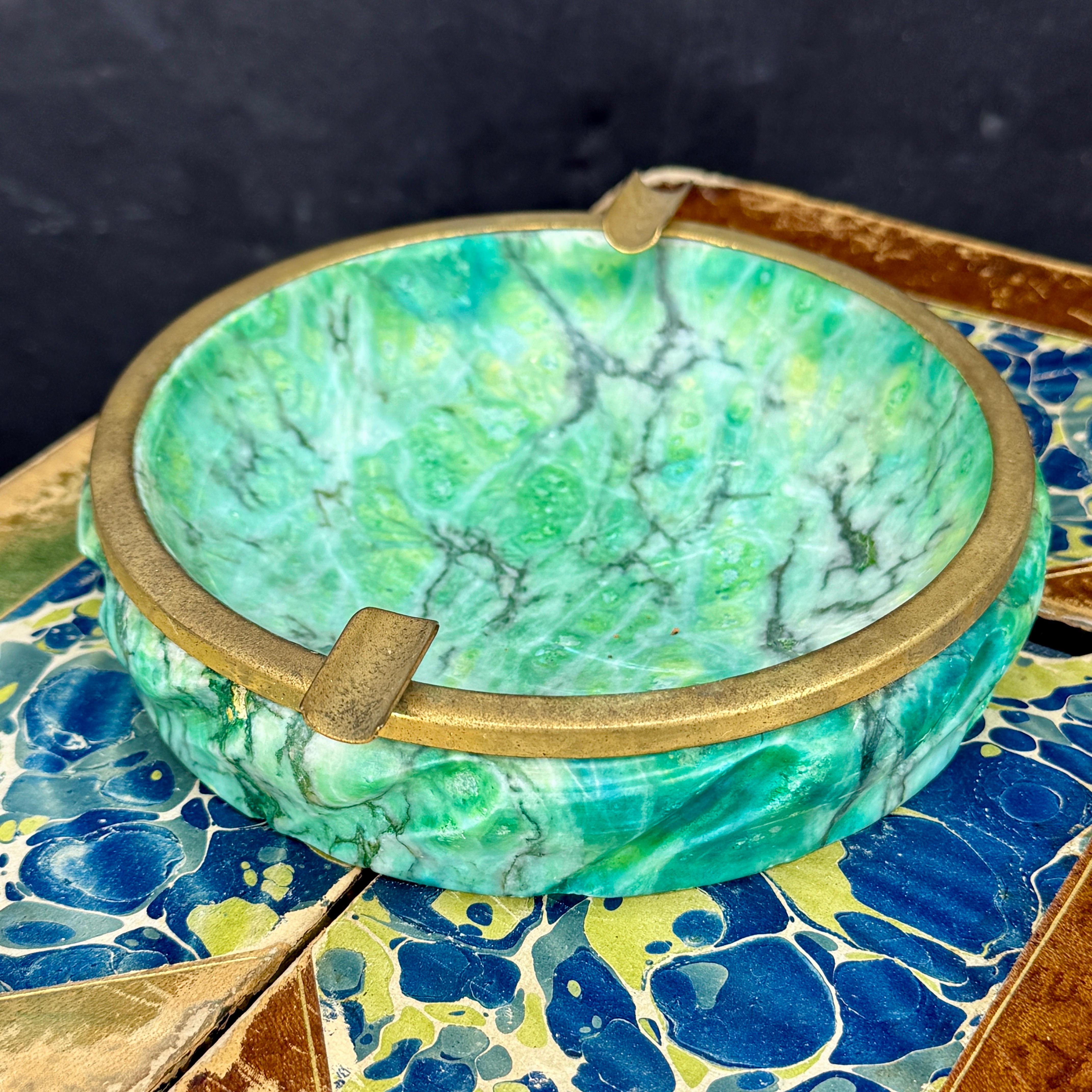MCM Hand-Carved Alabaster Marble Ashtray with Brass Ring Accent. Wonderful displayed on a MCM coffee table, side table or bar. Ashtray is labeled Made in Italy on the bottom.

