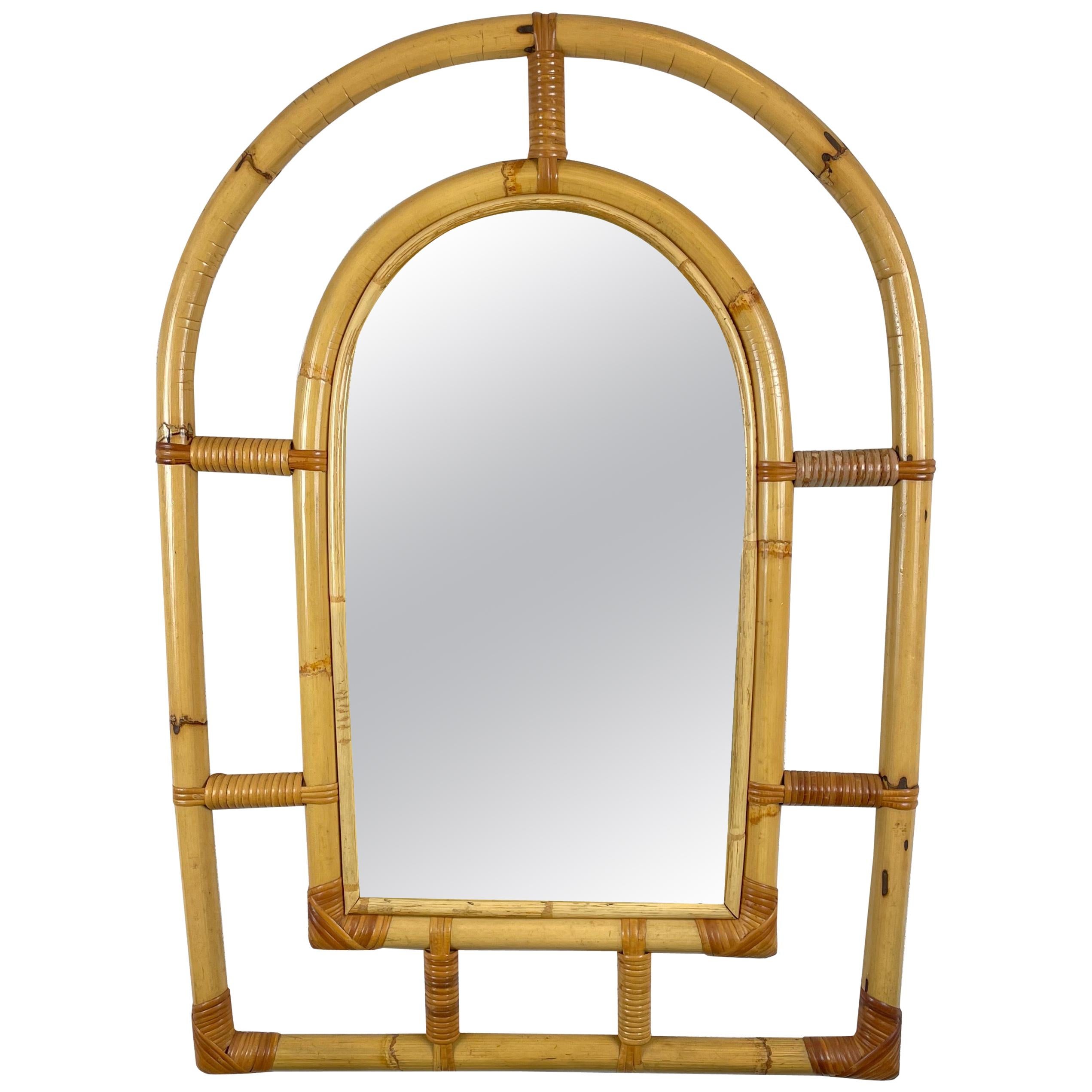 MidCentury Modern Arch Handwoven Rattan / Wicker Wall Mirror Boho Chic For Sale at 1stDibs