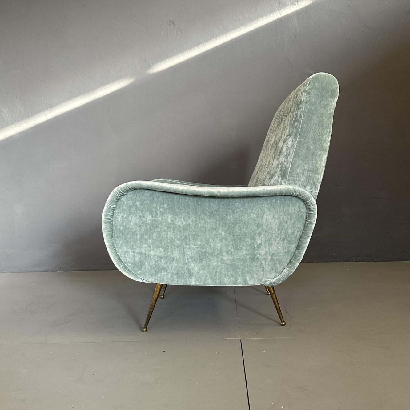 Mid-20th Century Mid-Century modern italian armchair in light blue velvet, brass'leg