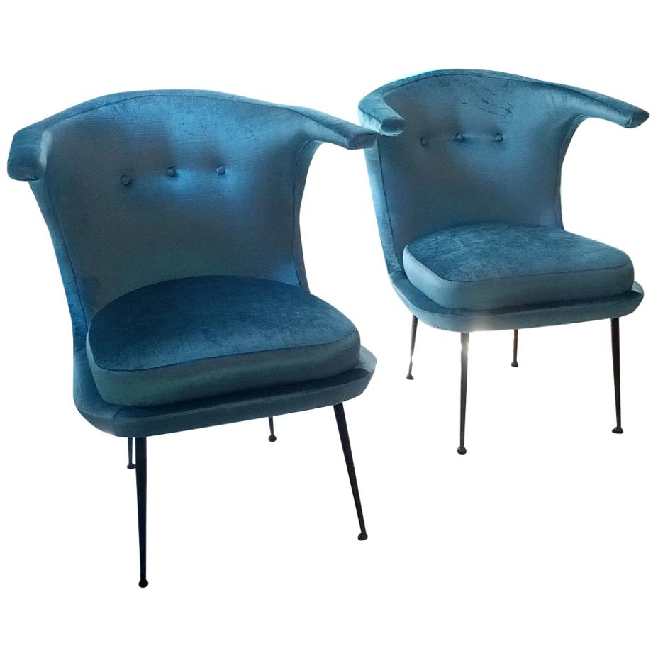 Mid-Century Modern Italian Armchairs with Blue Velvet Cover, Tuscany, 1960s