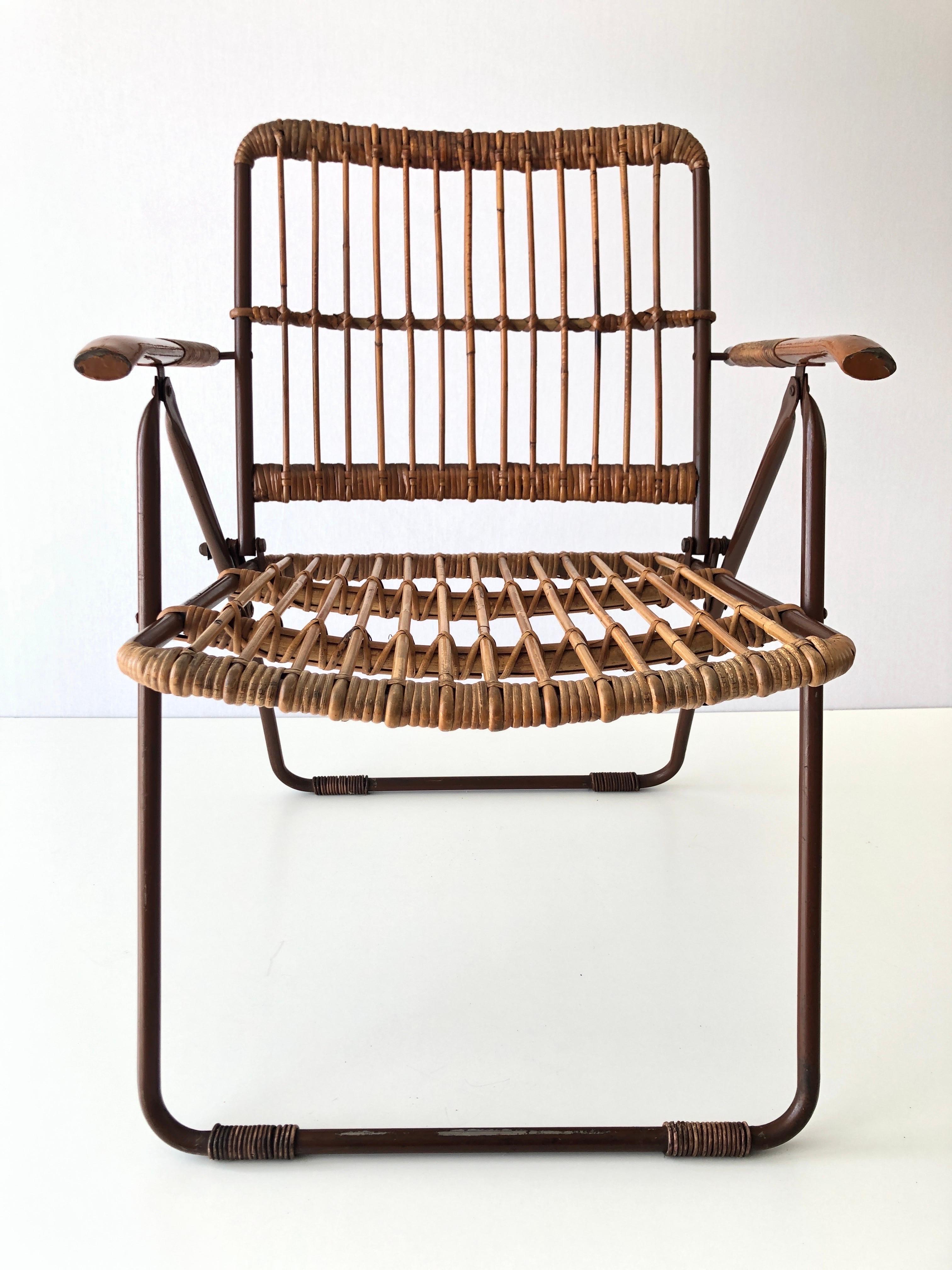 Mid-century Modern Italian Bamboo and Brown Metal Folding Armchair, 1960s, Italy For Sale 2