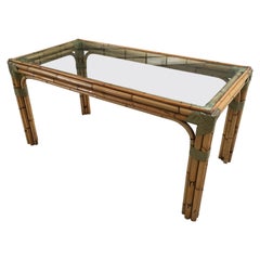 Mid-Century Modern Italian Bamboo and Leather Dining Table with Glass Top, 1970s Mid-Century Modern Italian Bamboo and Leather Dining Table with Glass Top, 1970s
