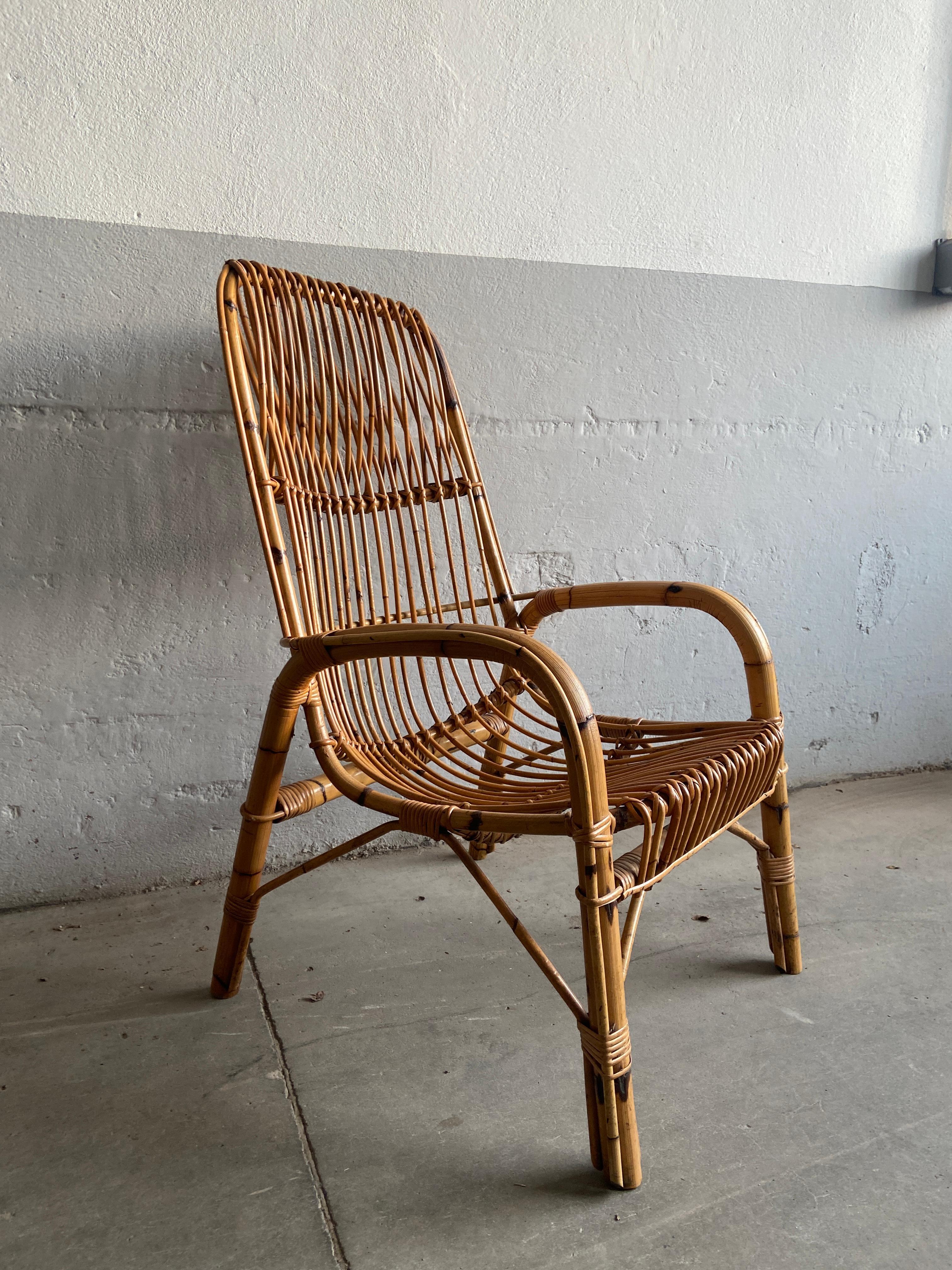 Mid-Century Modern Italian Bamboo and Rattan Armchair In Good Condition For Sale In Prato, IT