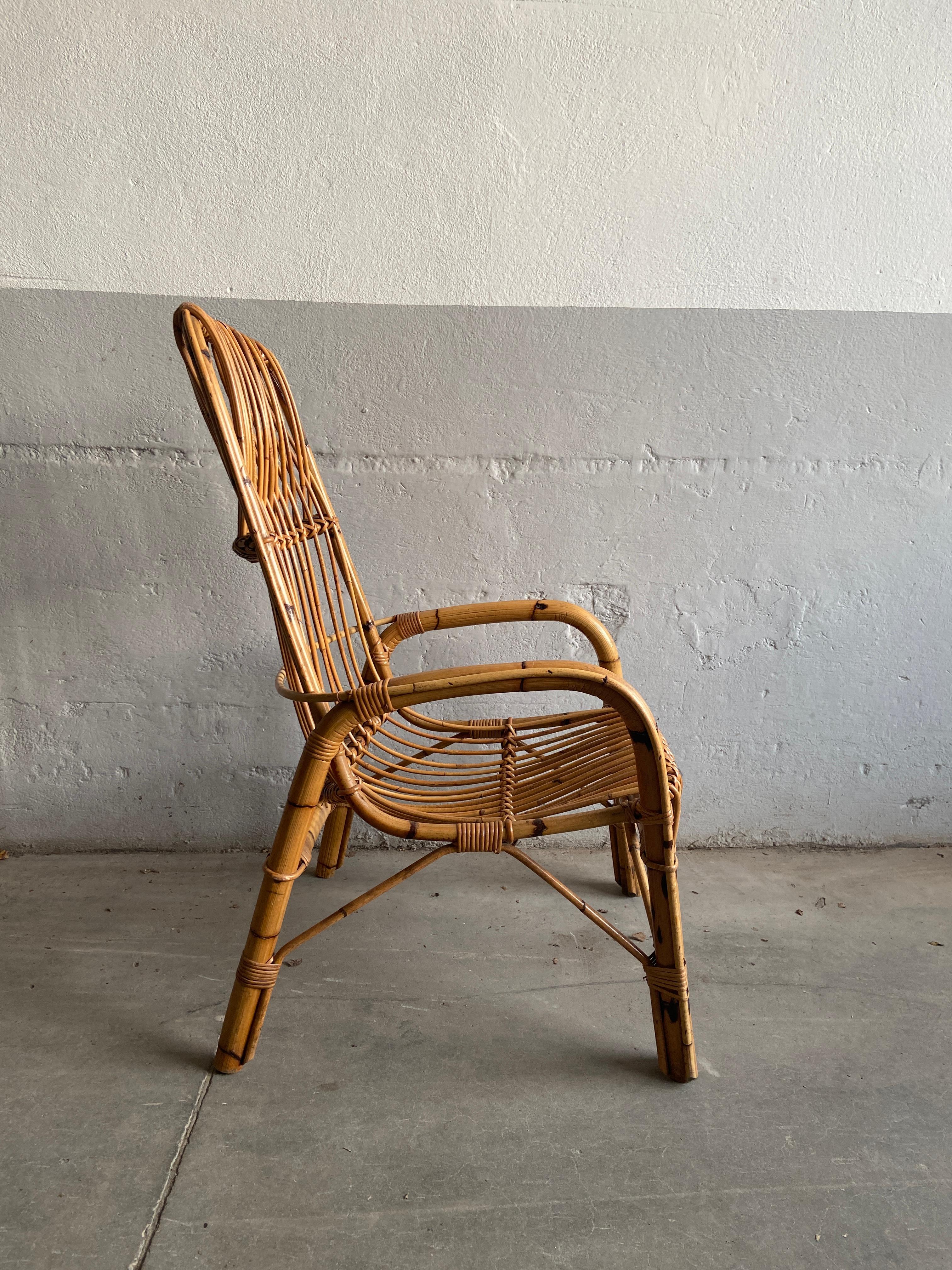 Late 20th Century Mid-Century Modern Italian Bamboo and Rattan Armchair For Sale