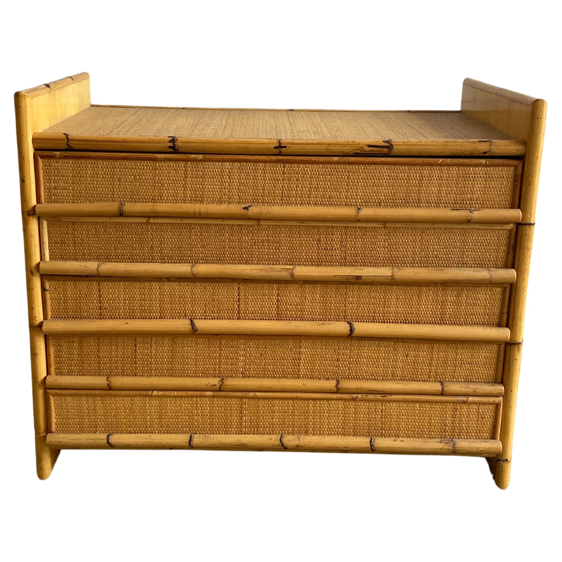 Mid-Century Modern Italian Bamboo and Rattan Dresser with 5 Drawers, 1970s For Sale