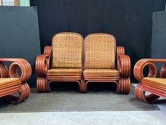 Mid-Century Modern Italian Bamboo and Rattan Lounge Set w/ Reversible Cushions