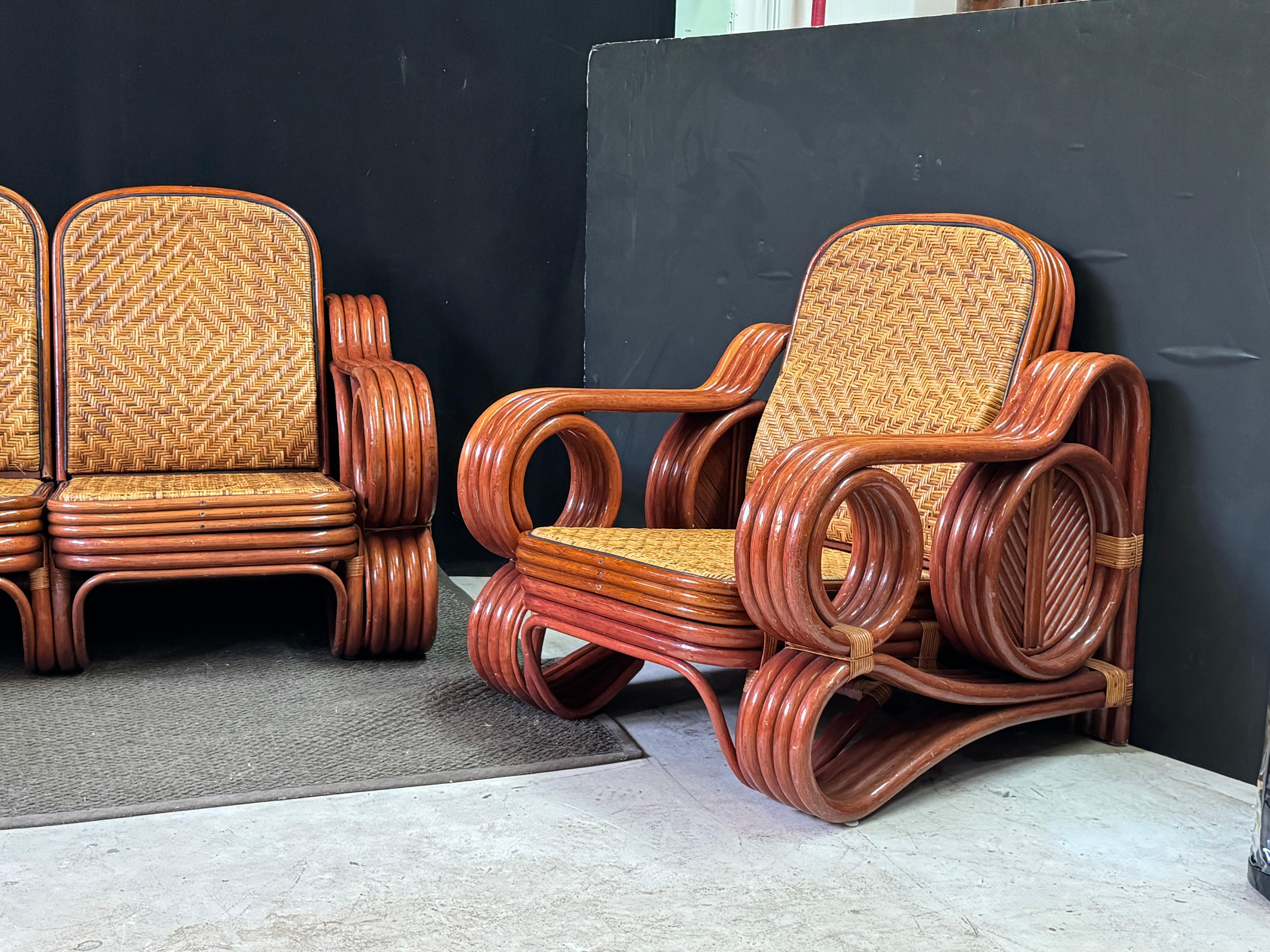 Mid-20th Century Mid-Century Modern Italian Bamboo and Rattan Lounge Set w/ Reversible Cushions For Sale