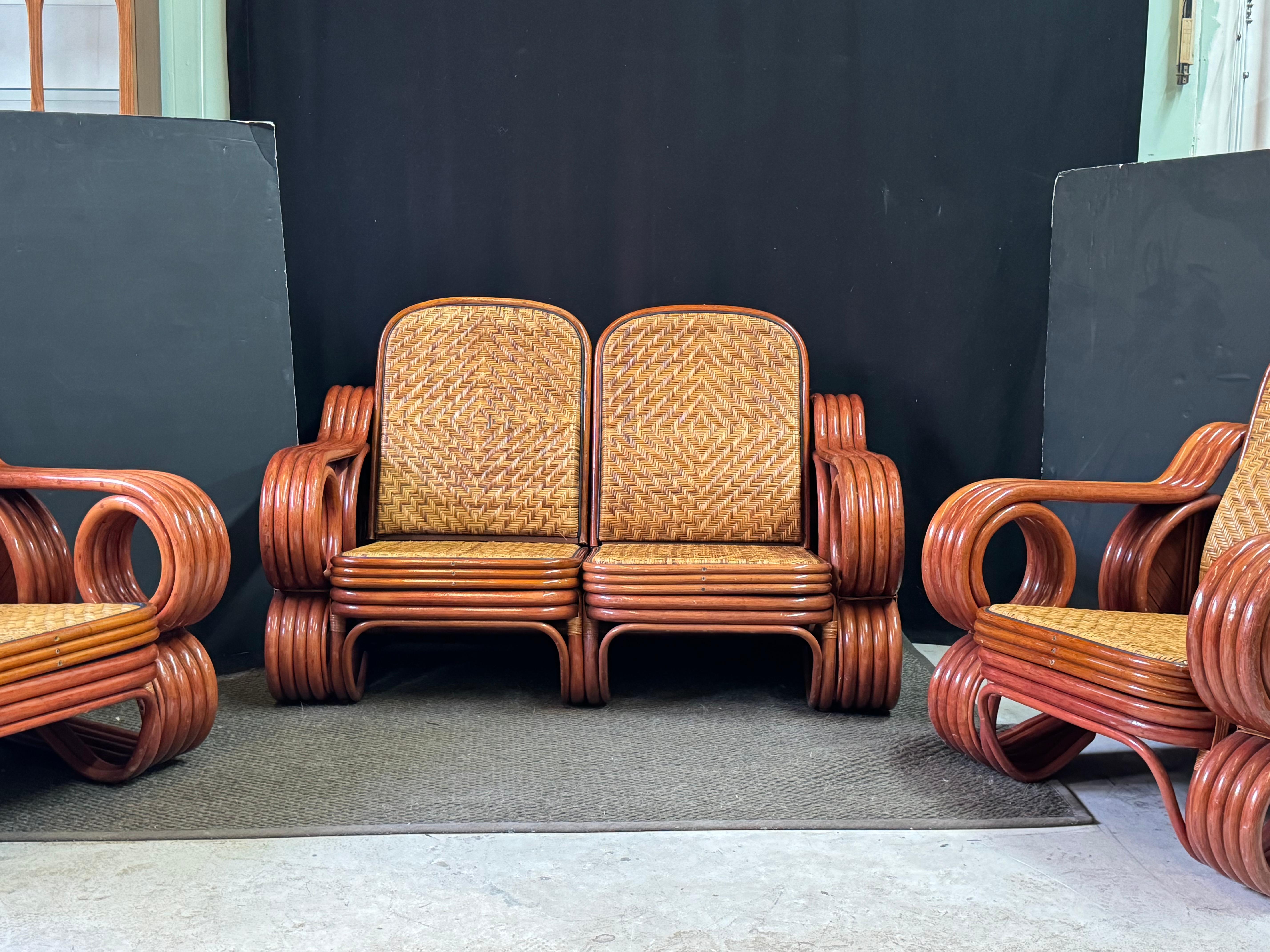 Leather Mid-Century Modern Italian Bamboo and Rattan Lounge Set w/ Reversible Cushions For Sale