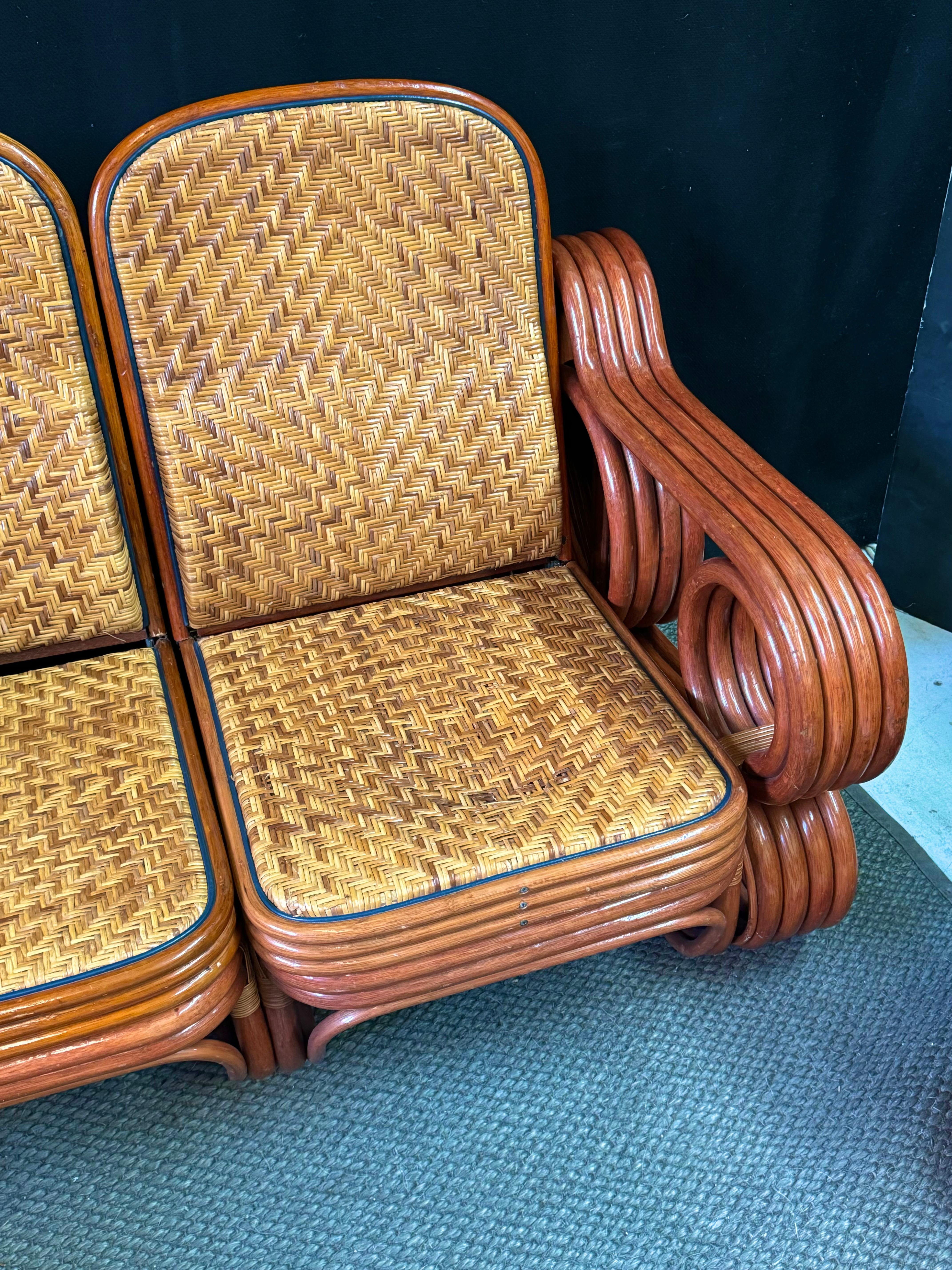 Mid-Century Modern Italian Bamboo and Rattan Lounge Set w/ Reversible Cushions For Sale 2