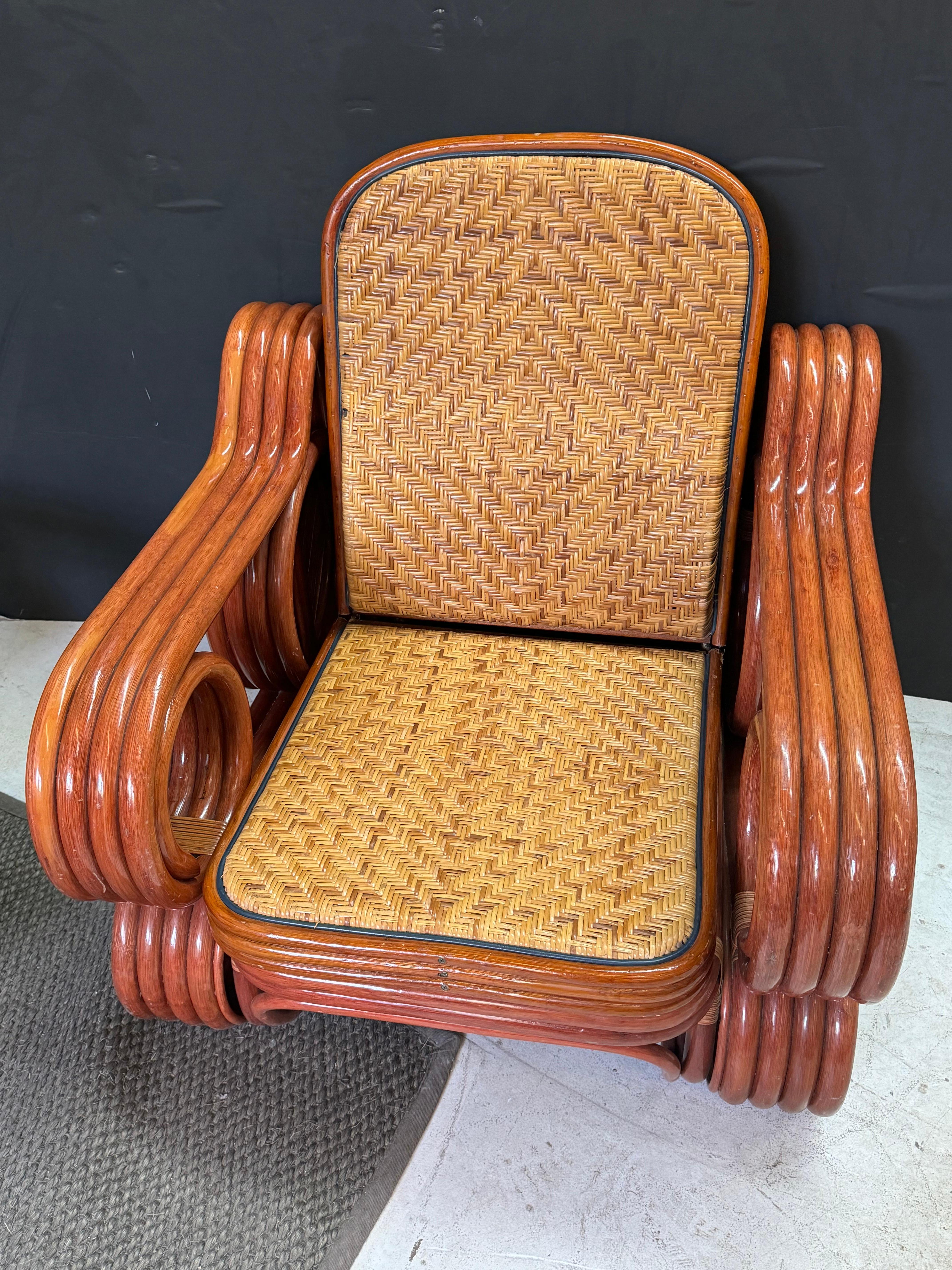 Mid-Century Modern Italian Bamboo and Rattan Lounge Set w/ Reversible Cushions For Sale 3