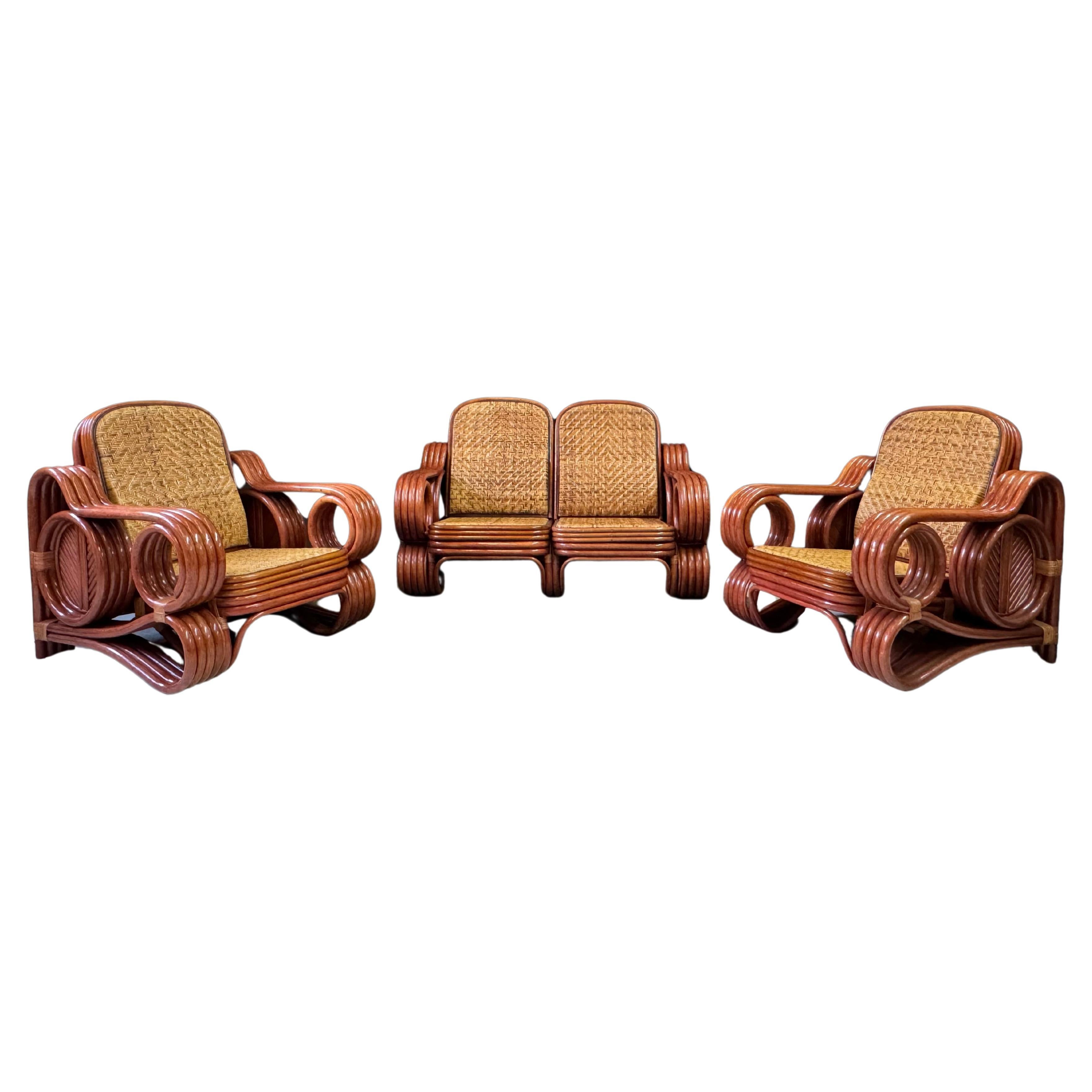 Mid-Century Modern Italian Bamboo and Rattan Lounge Set w/ Reversible Cushions